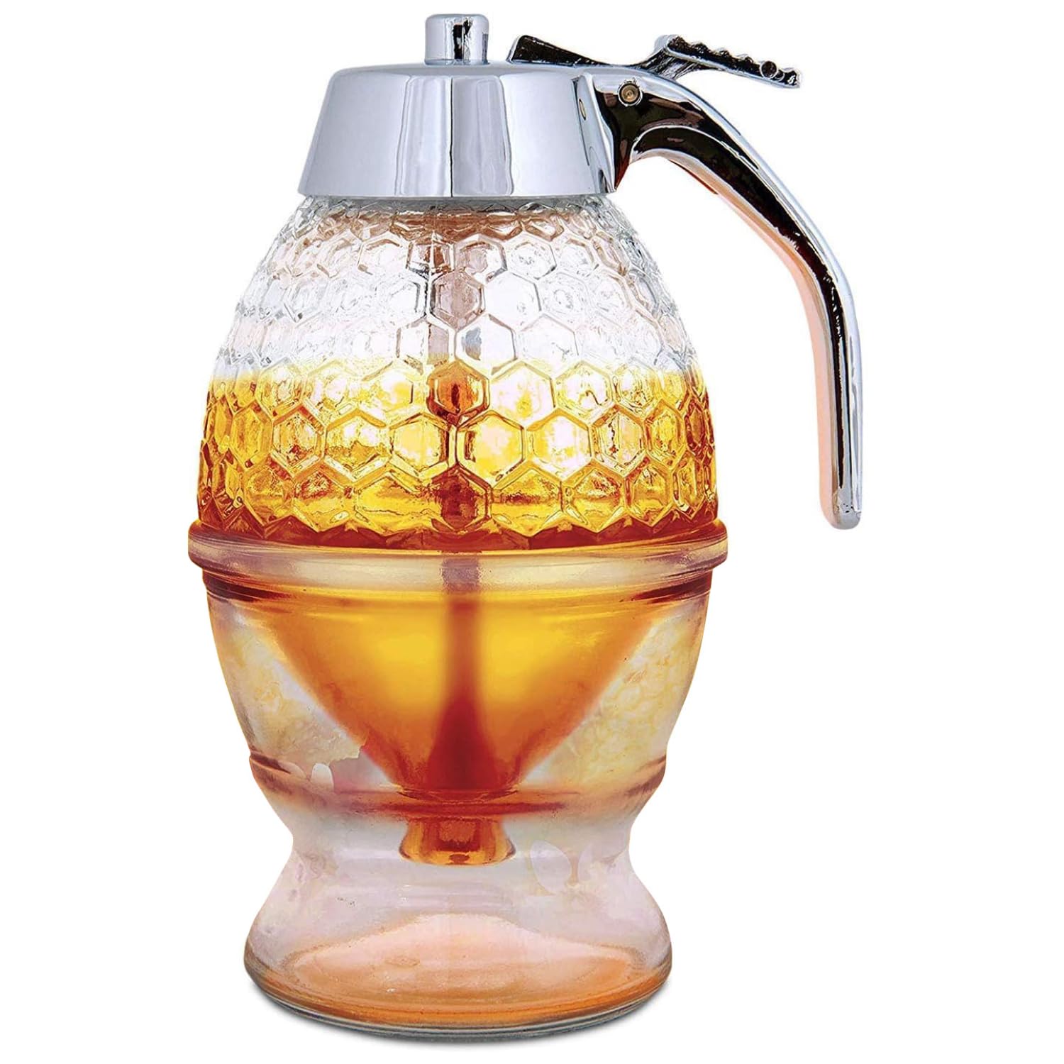 Hunnibi 8oz No Drip Glass Honey Dispenser with Stand - Honeycomb-Style Syrup Server and Bee-Themed Storage Jar - 6" Clear Container for Honey, Maple Syrup