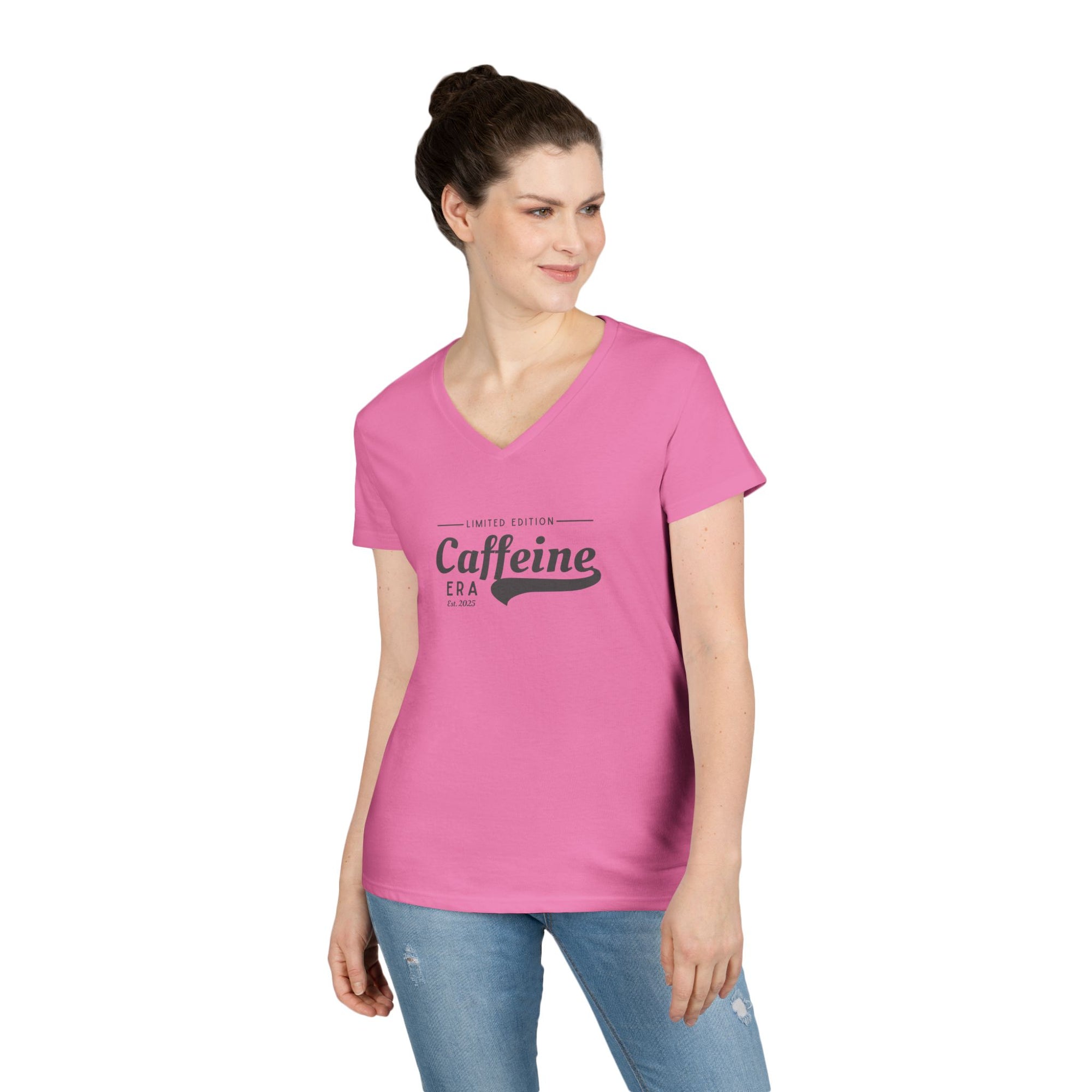 Caffeine Lovers Flattering V-Neck Tee, Casual Women's Top, Trending Gift for Coffee Enthusiasts (Click for more colors.)