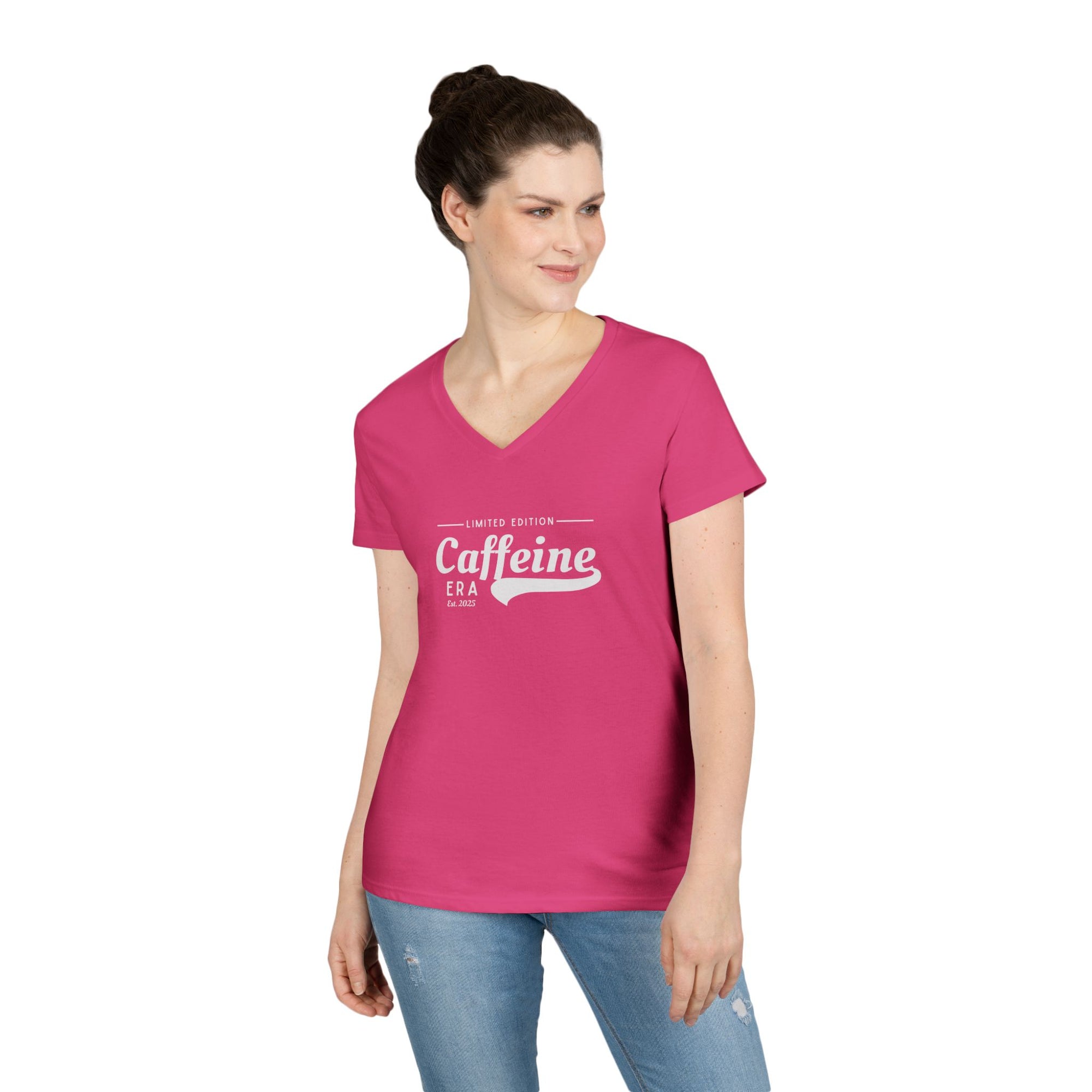 Caffeine Lovers Flattering V-Neck Tee, Casual Women's Top, Trending Gift for Coffee Enthusiasts (Click for more colors.)