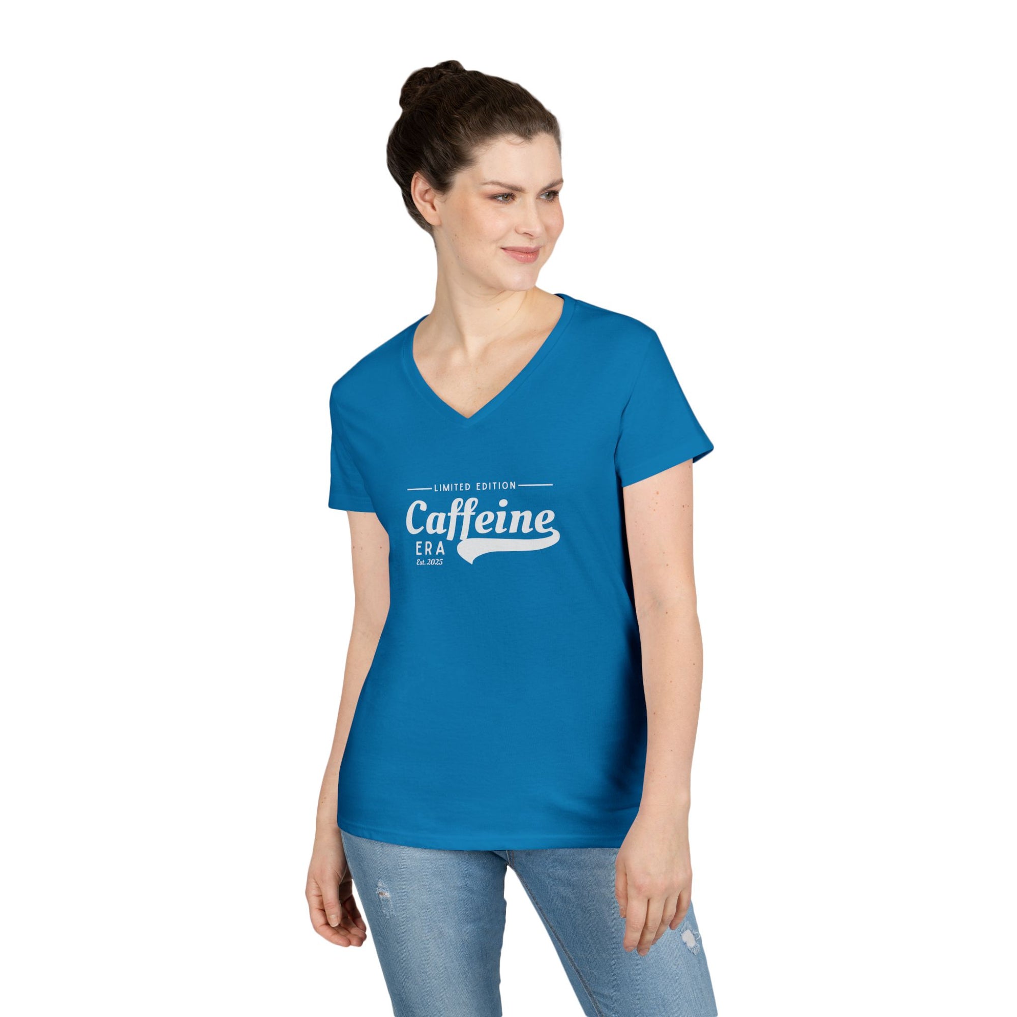 Caffeine Lovers Flattering V-Neck Tee, Casual Women's Top, Trending Gift for Coffee Enthusiasts (Click for more colors.)