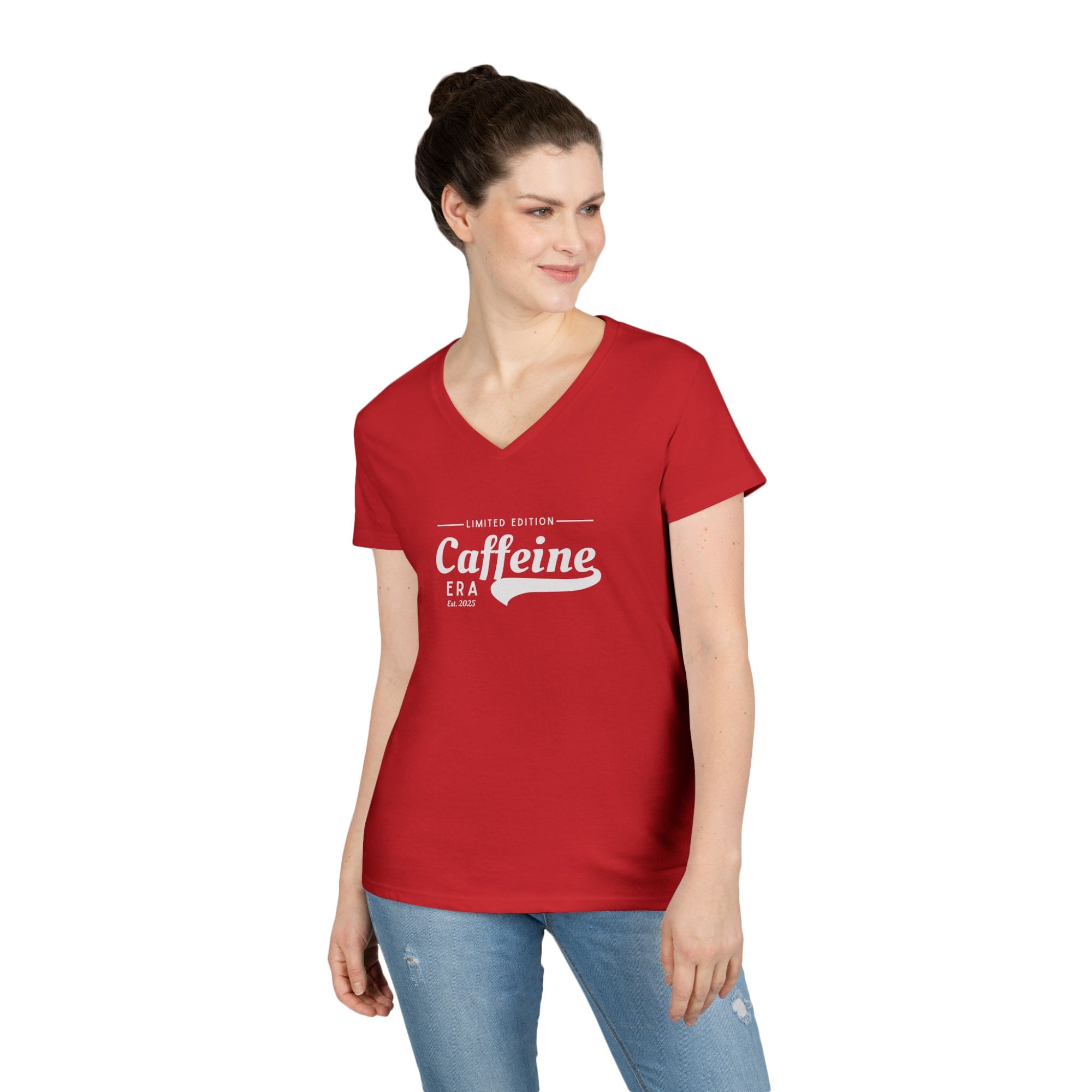 Caffeine Lovers Flattering V-Neck Tee, Casual Women's Top, Trending Gift for Coffee Enthusiasts (Click for more colors.)