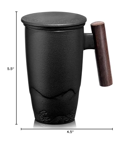 suyika Tomotime Ceramic Tea Cup with Infuser and Lid Tea Mugs Wooden Handle 400ml/13.5oz Black