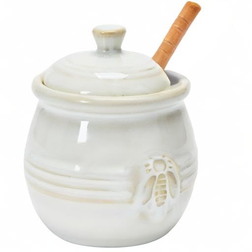 Creative Co-Op Farmhouse Embossed Stoneware Honey Pot with Wood Honey Dipper, White