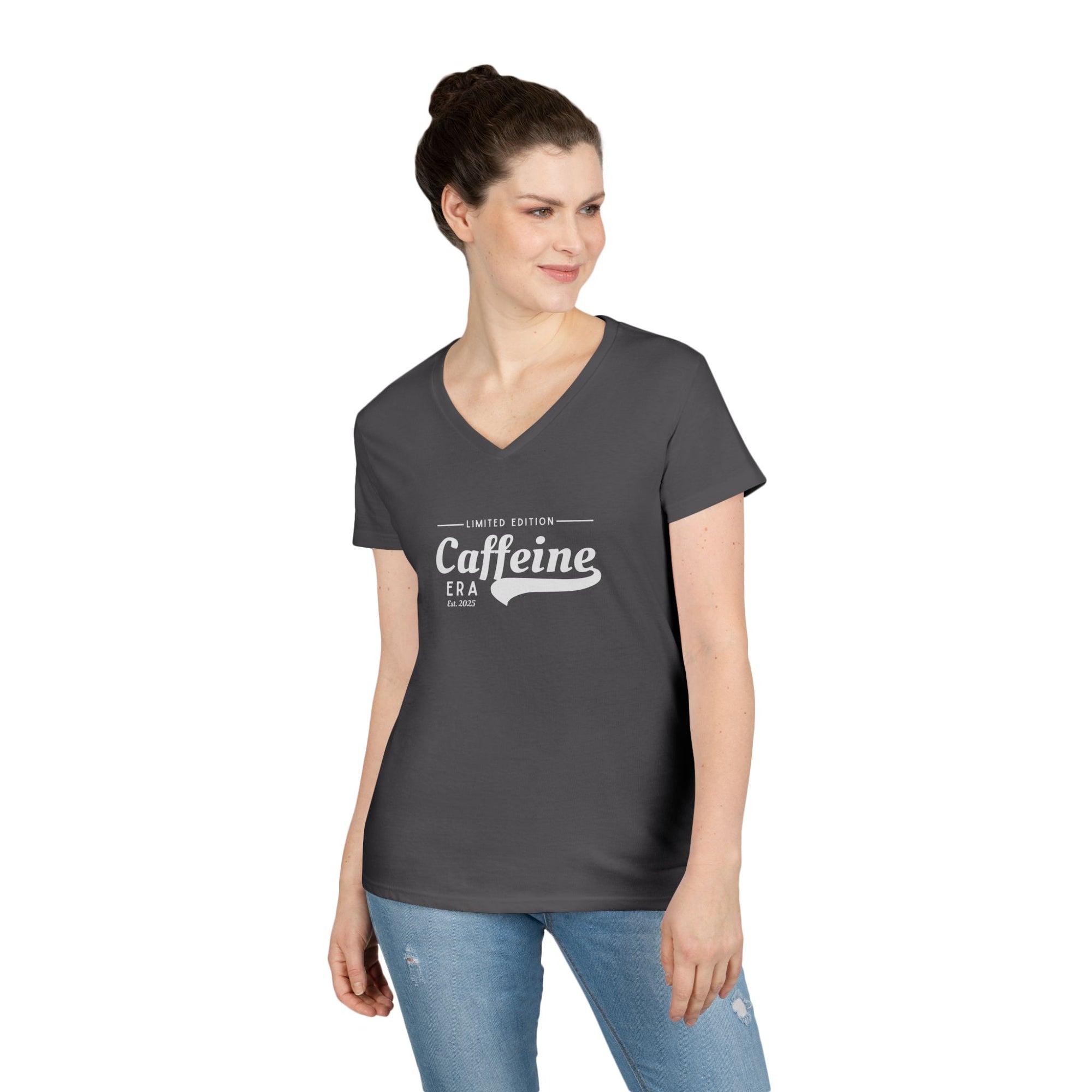 Caffeine Lovers Flattering V-Neck Tee, Casual Women's Top, Trending Gift for Coffee Enthusiasts (Click for more colors.)