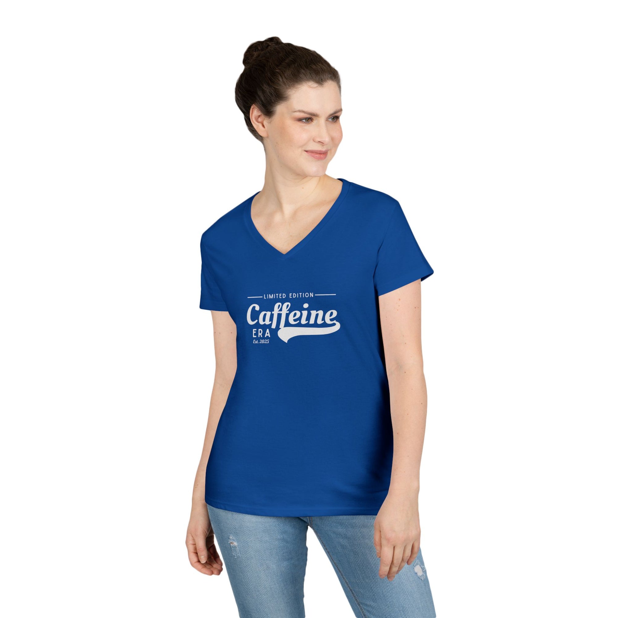 Caffeine Lovers Flattering V-Neck Tee, Casual Women's Top, Trending Gift for Coffee Enthusiasts (Click for more colors.)