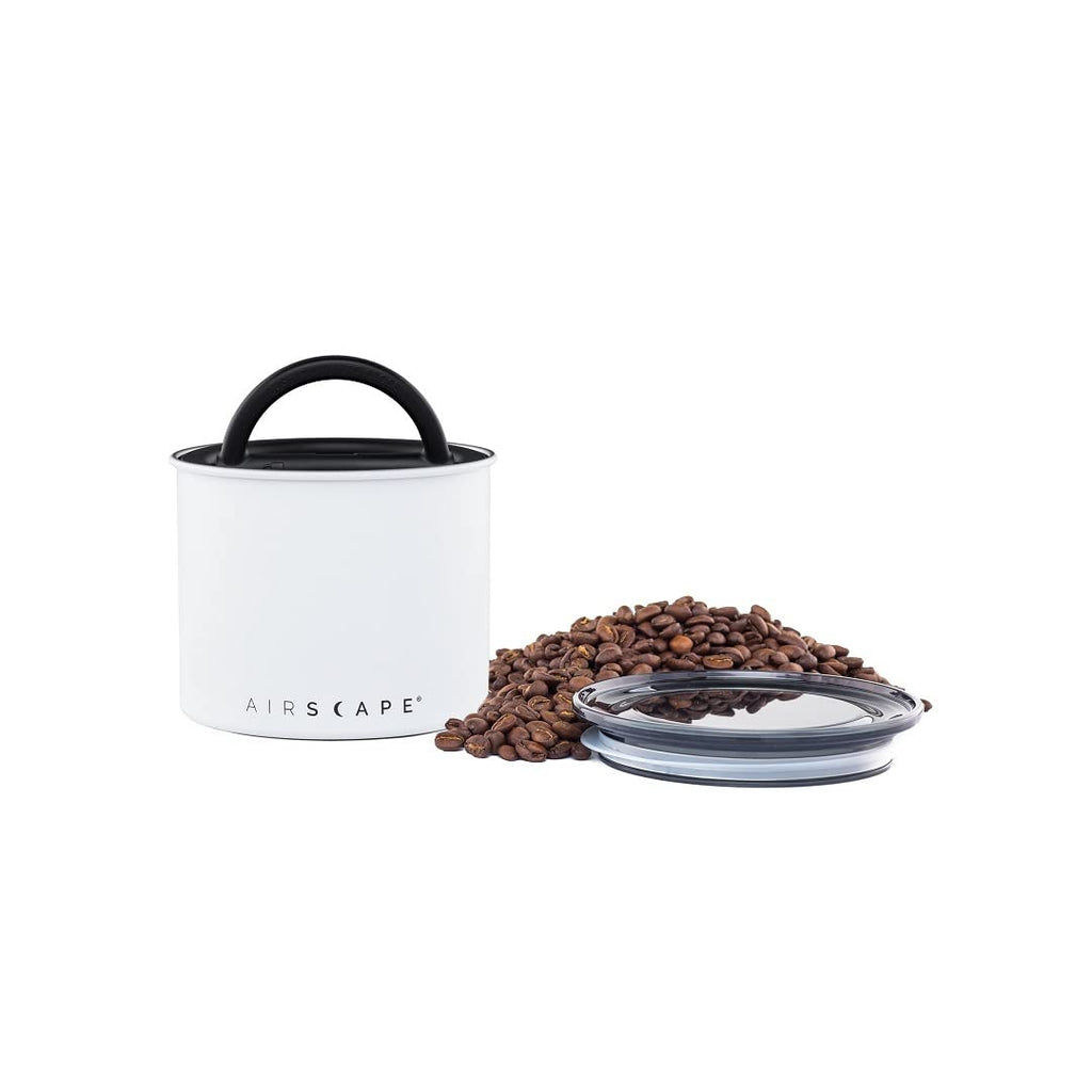 Planetary Design Airscape Stainless Steel Coffee Canister | Food Storage Container | US Patented Airtight Lid | Push Out Excess Air Preserve Food Freshness (Small, Matte White)