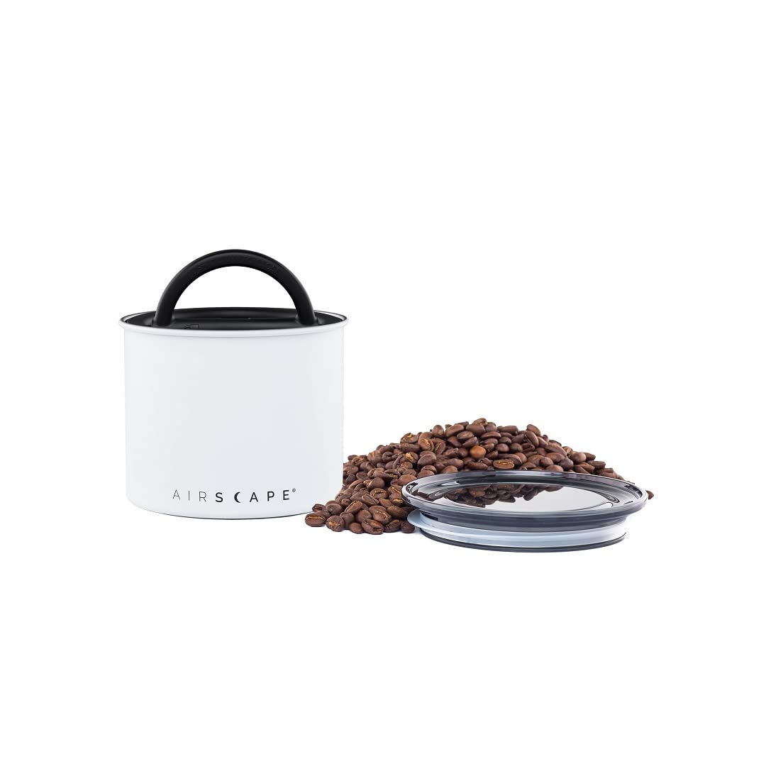 Planetary Design Airscape Stainless Steel Coffee Canister | Food Storage Container | US Patented Airtight Lid | Push Out Excess Air Preserve Food Freshness (Small, Matte White)