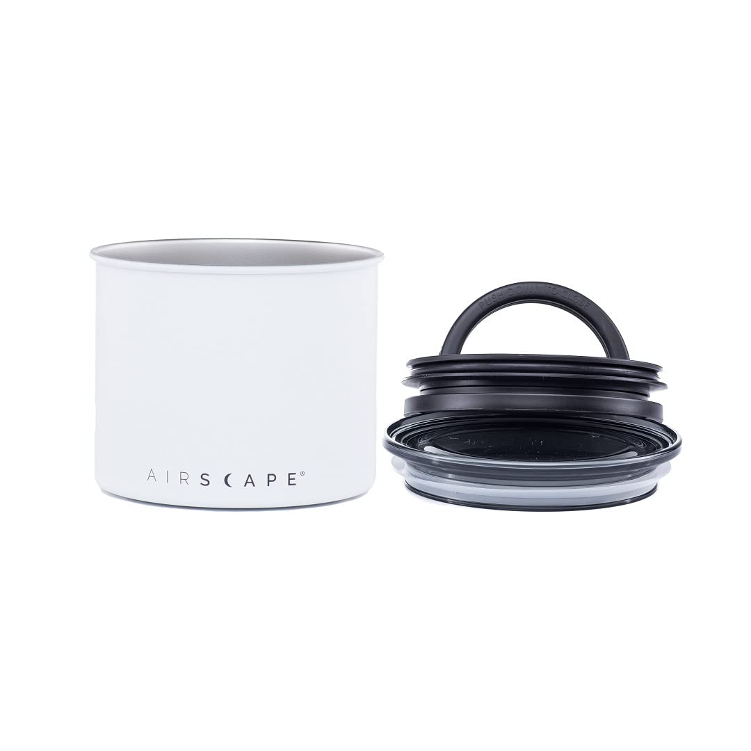 Planetary Design Airscape Stainless Steel Coffee Canister | Food Storage Container | US Patented Airtight Lid | Push Out Excess Air Preserve Food Freshness (Small, Matte White)