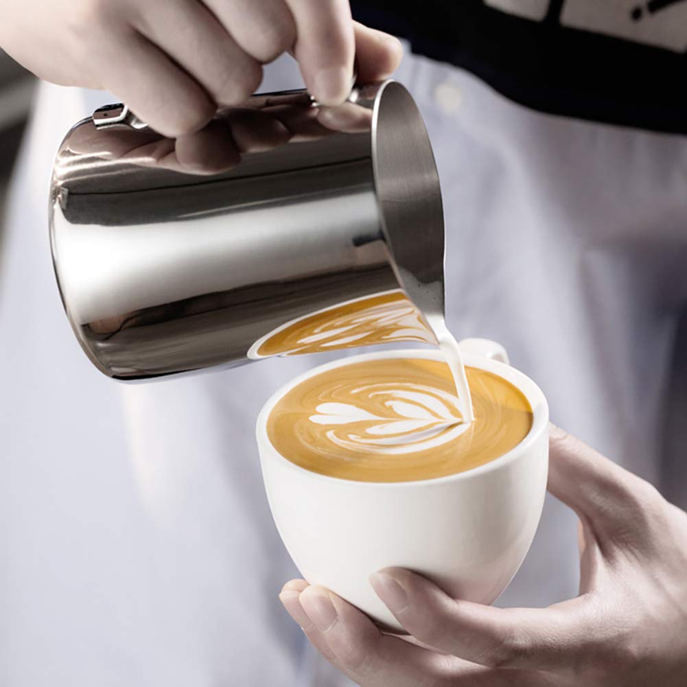 CAMKYDE Stainless Steel Milk Frothing Pitcher 12 oz, Espresso Steaming Pitcher with Decorating Pen for Espresso Machines, Cappuccino, Latte Art A Silver