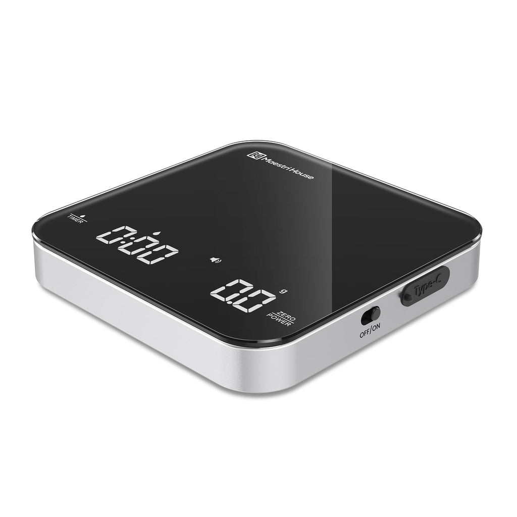 Rechargeable Mini Coffee Scale with Timer, Maestri House Espresso Scale, 2kg/0.1g Accurate Scale for Espresso and Pour-Over Coffee, Portable Digital Kitchen Scale with Automatic Timing（Black&Silver）