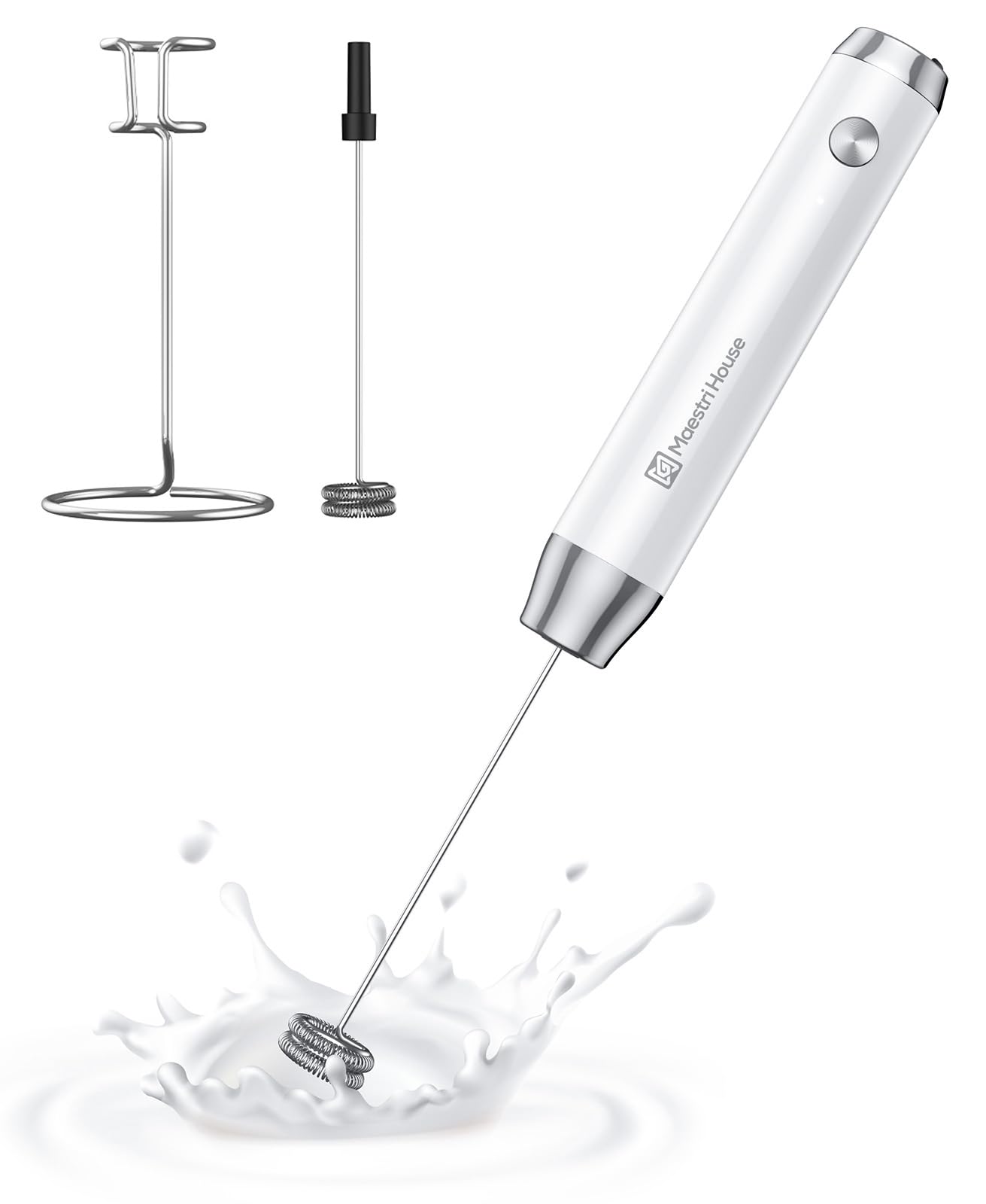 Maestri House Rechargeable Milk Frother with Stand, LunaFro Handheld Electric Foam Maker Waterproof Detachable Stainless Steel Whisk Drink Mixer Foamer for Lattes, Cappuccino