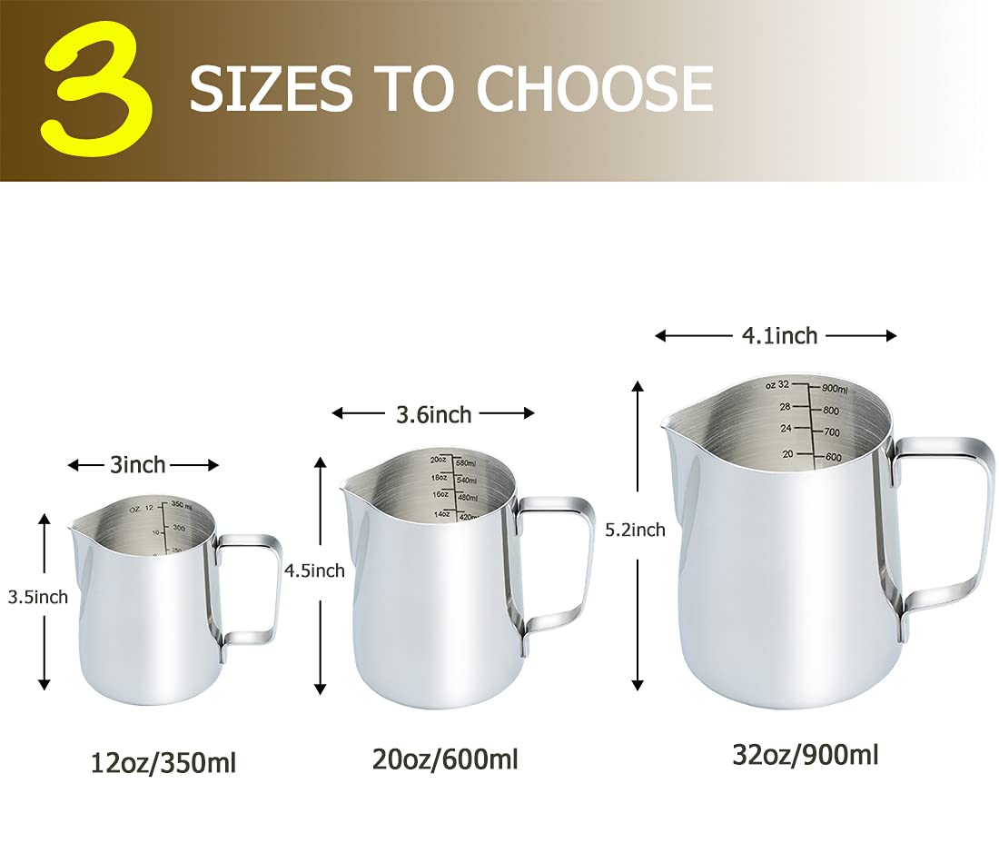 CAMKYDE Stainless Steel Milk Frothing Pitcher 12 oz, Espresso Steaming Pitcher with Decorating Pen for Espresso Machines, Cappuccino, Latte Art A Silver