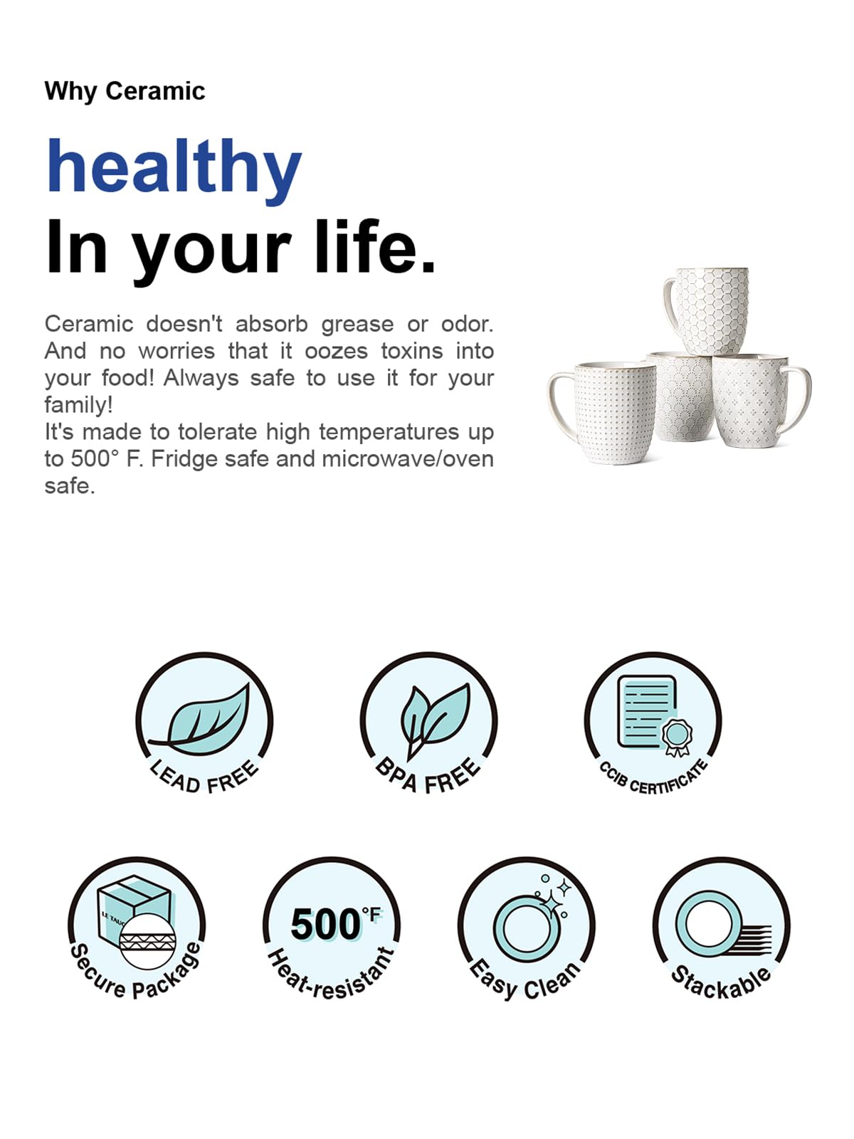 LE TAUCI Coffee Mugs 16 oz,Ceramic Mug Set, Embossment Cups for Latte, Hot Tea, Cappuccino, Mocha, Cocoa, Dishwasher Safe, Suit For Housewarming Wedding- 3.8 inch, Set of 4, Arctic White