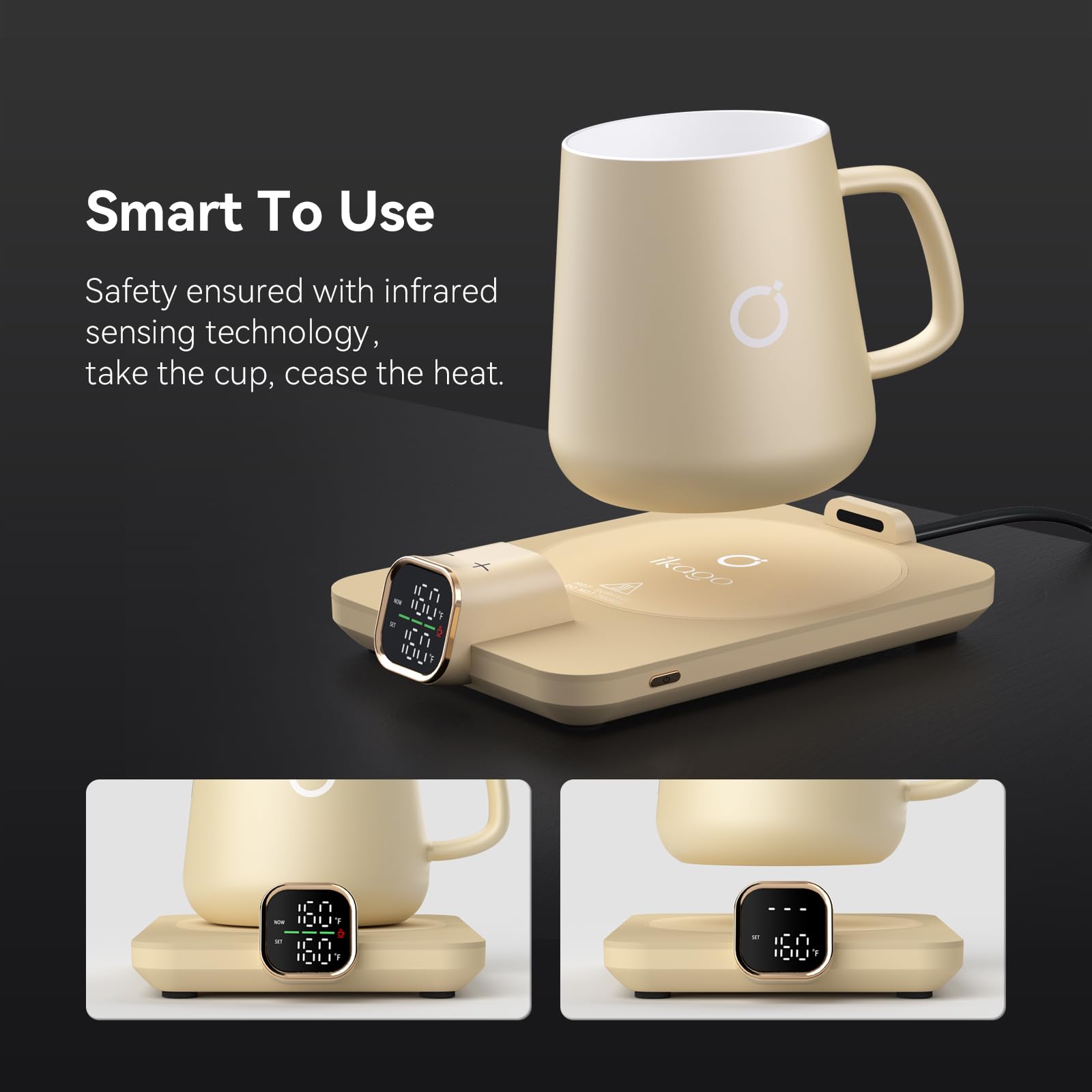 iKago Coffee Mug Warmer Set, Temperature Control Smart Heated Mug for Desk, Electric Coffee Warmer with Auto Shut Off & Real-Time Temp Display, Gifts for Men Women, 15oz, Beige