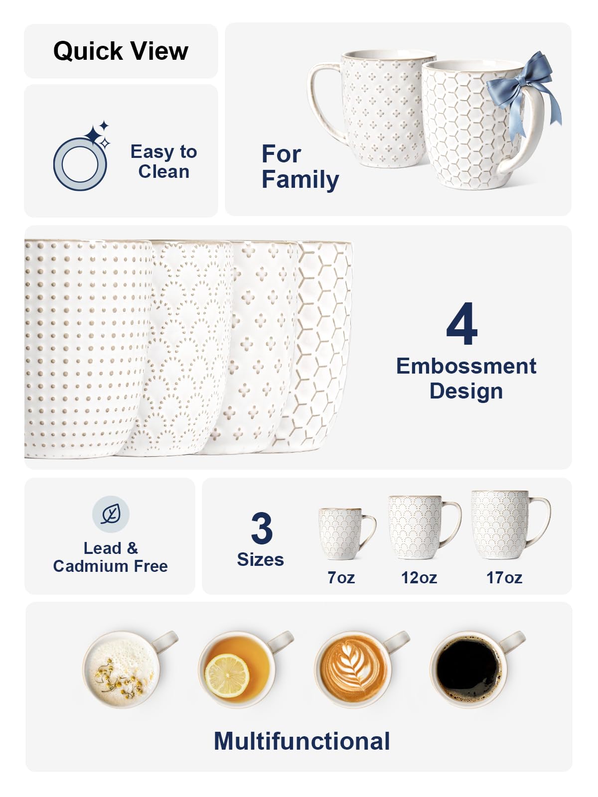 LE TAUCI Coffee Mugs 16 oz,Ceramic Mug Set, Embossment Cups for Latte, Hot Tea, Cappuccino, Mocha, Cocoa, Dishwasher Safe, Suit For Housewarming Wedding- 3.8 inch, Set of 4, Arctic White
