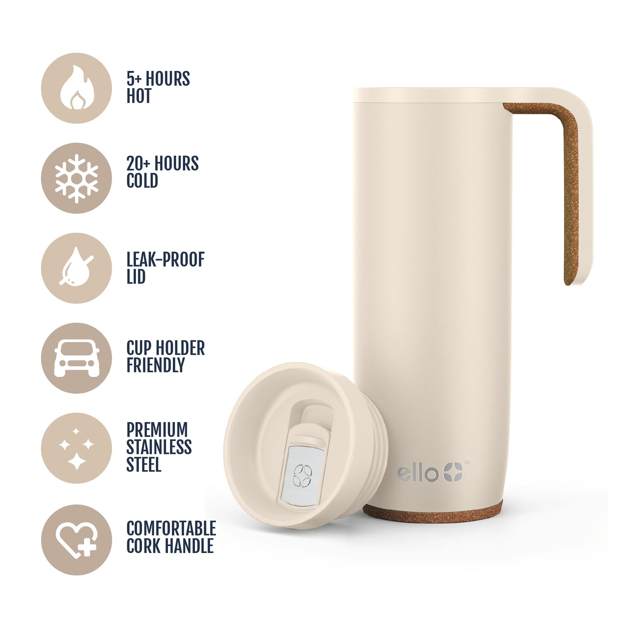 Ello Magnet 18oz Vacuum Insulated Stainless Steel Travel Mug with Side Handle and Leak-Proof Slider Lid and Built-in Coaster, Keeps Hot for 5 Hours, Perfect for Coffee or Tea, BPA-Free, Limestone