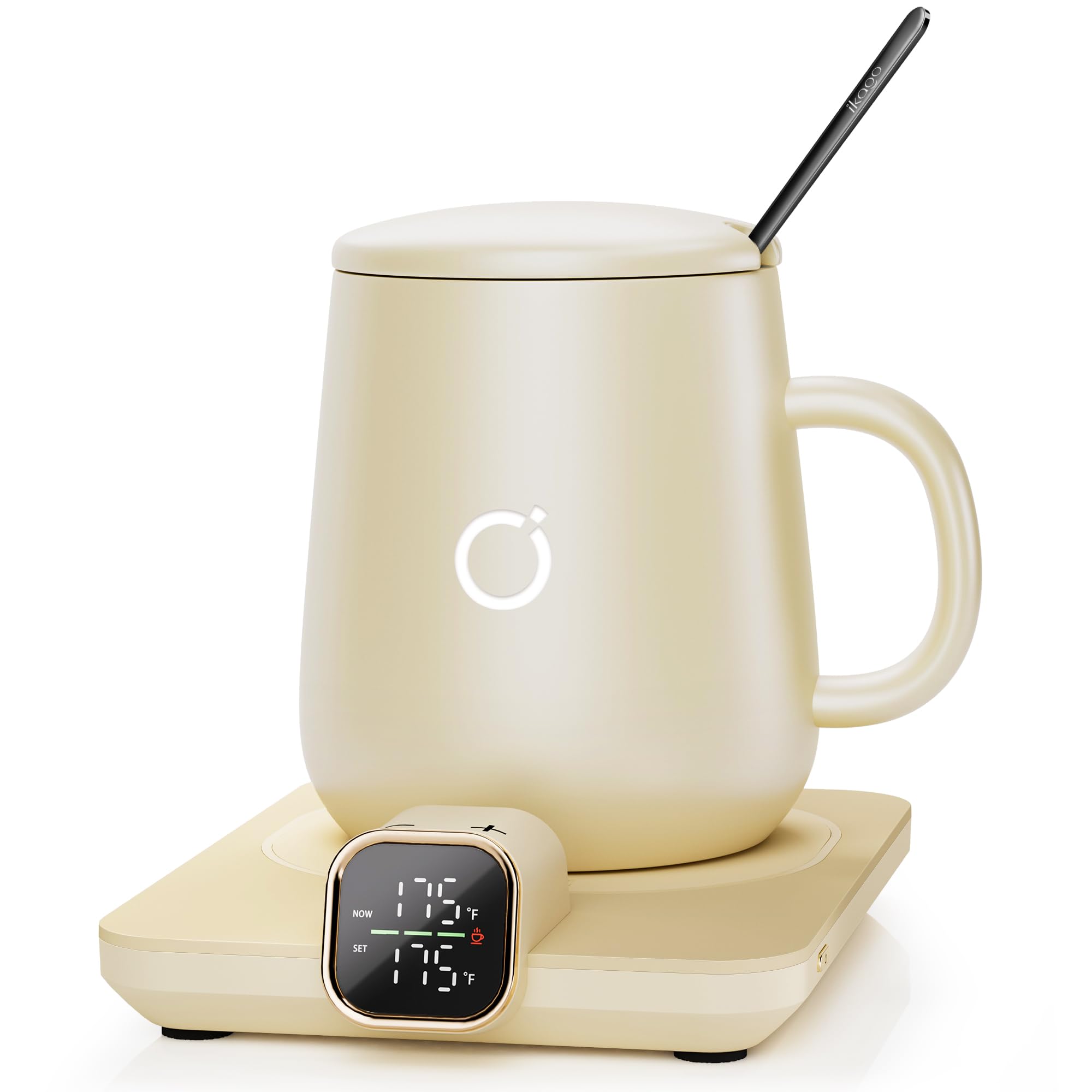 iKago Coffee Mug Warmer Set, Temperature Control Smart Heated Mug for Desk, Electric Coffee Warmer with Auto Shut Off & Real-Time Temp Display, Gifts for Men Women, 15oz, Beige