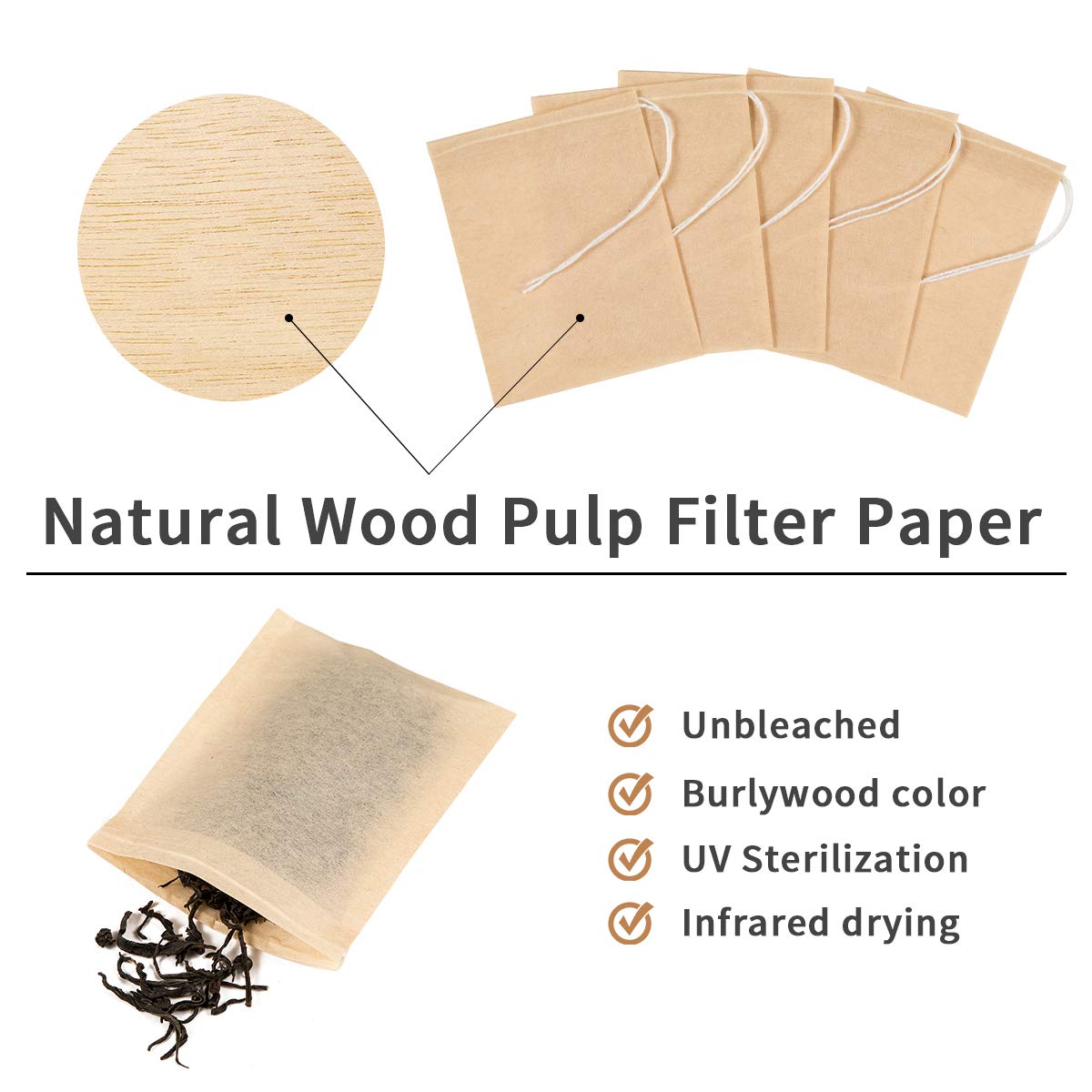 BEFORYOU 400 Pack Disposable Drawstring Tea Filter Bags Safe & Natural Unbleached Paper Tea Infuser Drawstring Empty Bag for Loose Leaf Tea (6 x 8cm, Natual Color)