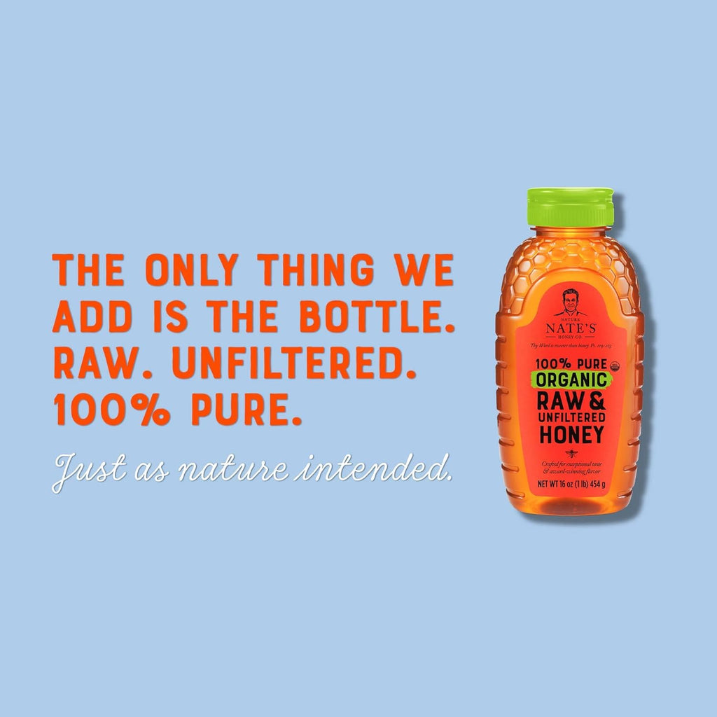 Nate's Organic 100% Pure, Raw & Unfiltered Honey - USDA Certified Organic - 16oz. Squeeze Bottle