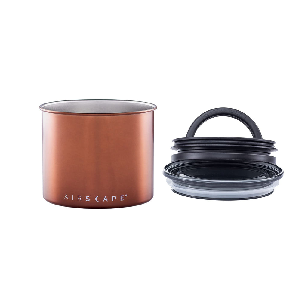 Planetary Design Airscape Stainless Steel Coffee Canister | Food Storage Container | US Patented Airtight Lid | Push Out Excess Air Preserve Food Freshness (Small, Brushed Copper)