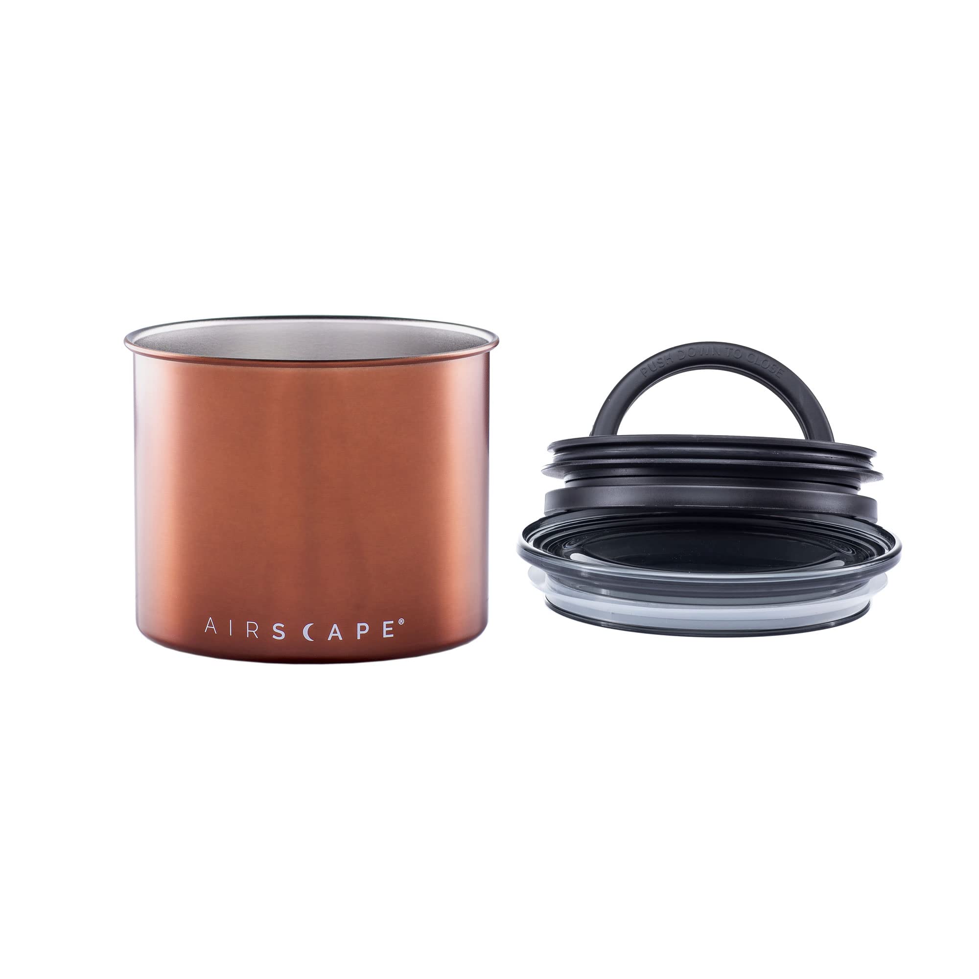 Planetary Design Airscape Stainless Steel Coffee Canister | Food Storage Container | US Patented Airtight Lid | Push Out Excess Air Preserve Food Freshness (Small, Brushed Copper)