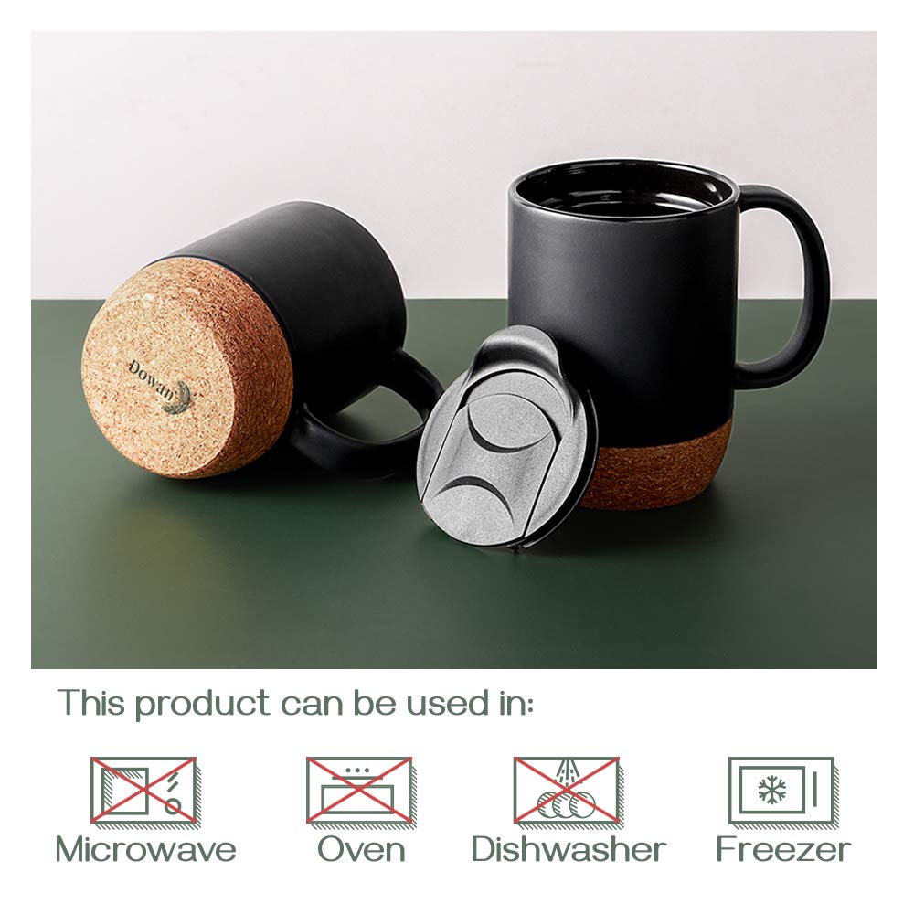 DOWAN Coffee Mugs, 15 oz Mug Set of 2, Large Ceramic Coffee Mug with Cork Bottom and Spill Proof Lid for Mom Dad, Big Mug for Latte Tea, Matte Grey