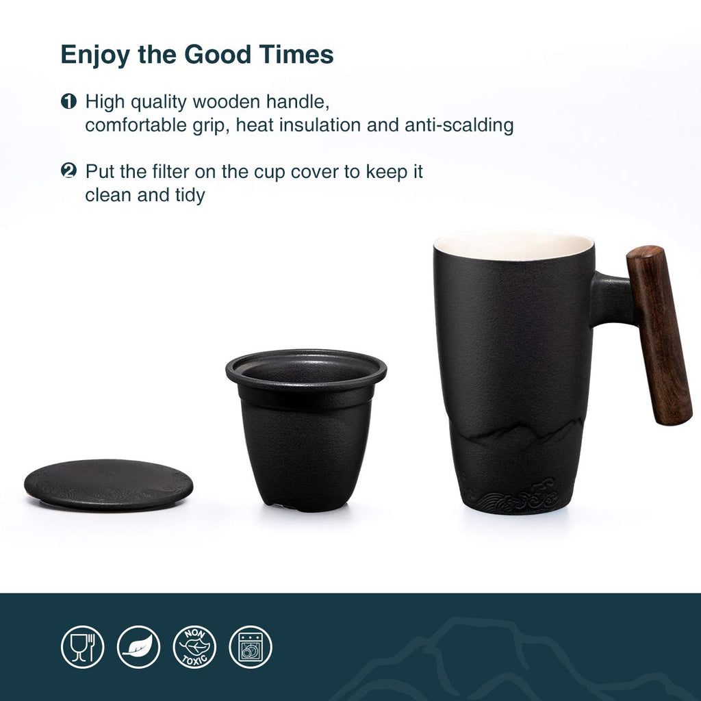 suyika Tomotime Ceramic Tea Cup with Infuser and Lid Tea Mugs Wooden Handle 400ml/13.5oz Black