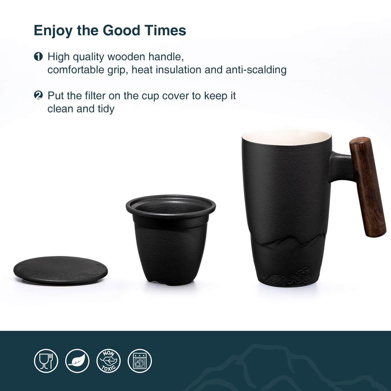 suyika Tomotime Ceramic Tea Cup with Infuser and Lid Tea Mugs Wooden Handle 400ml/13.5oz Black