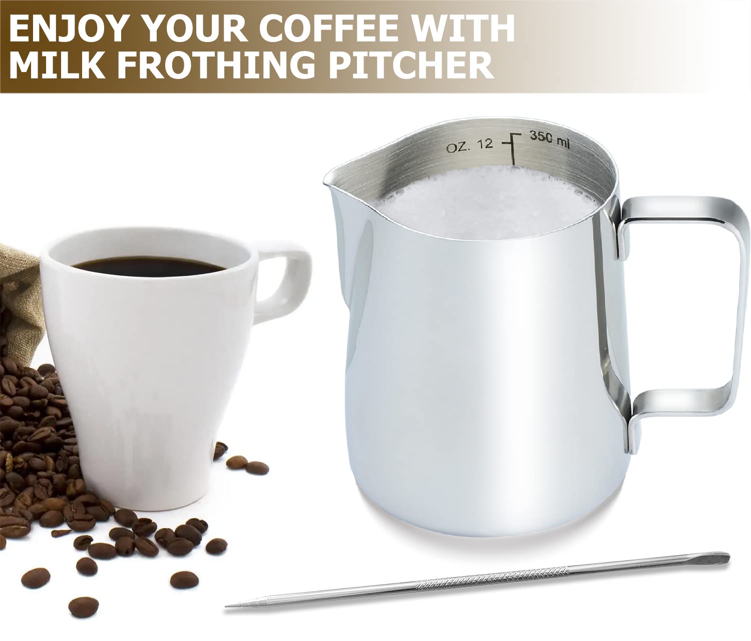 CAMKYDE Stainless Steel Milk Frothing Pitcher 12 oz, Espresso Steaming Pitcher with Decorating Pen for Espresso Machines, Cappuccino, Latte Art A Silver