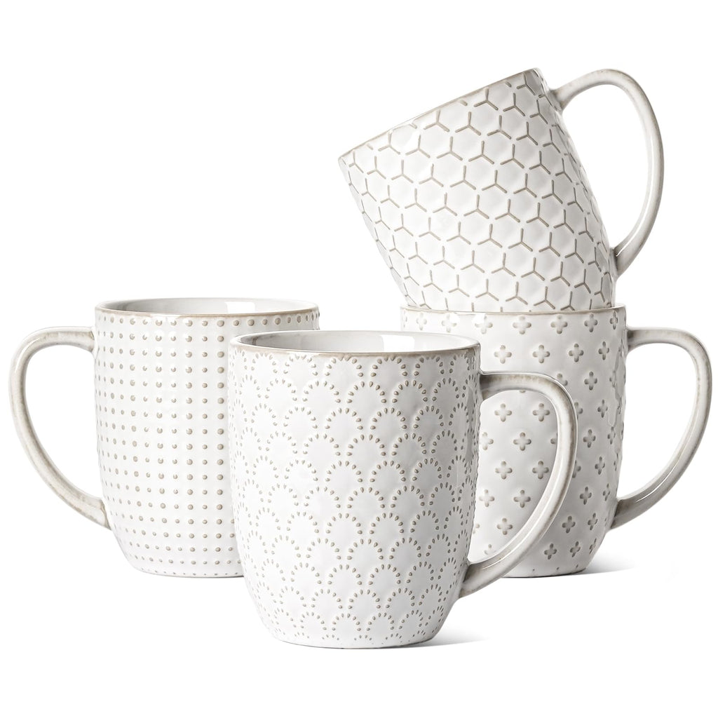 LE TAUCI Coffee Mugs 16 oz,Ceramic Mug Set, Embossment Cups for Latte, Hot Tea, Cappuccino, Mocha, Cocoa, Dishwasher Safe, Suit For Housewarming Wedding- 3.8 inch, Set of 4, Arctic White