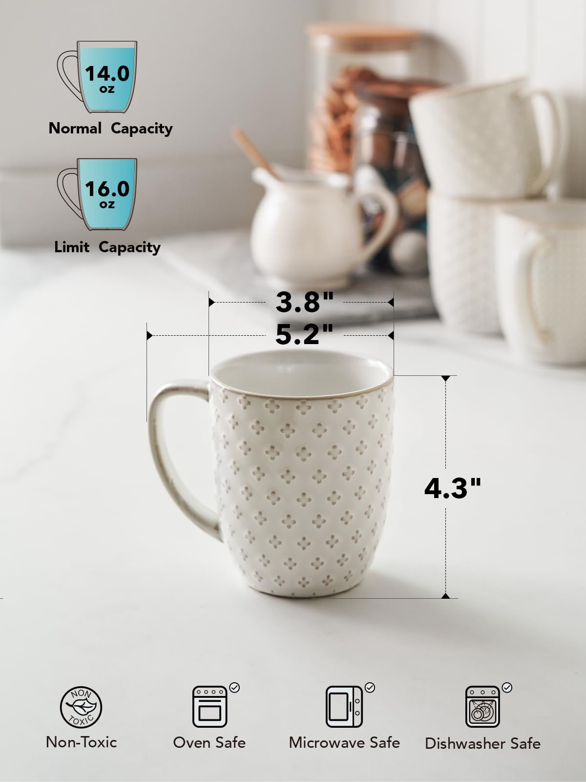 LE TAUCI Coffee Mugs 16 oz,Ceramic Mug Set, Embossment Cups for Latte, Hot Tea, Cappuccino, Mocha, Cocoa, Dishwasher Safe, Suit For Housewarming Wedding- 3.8 inch, Set of 4, Arctic White