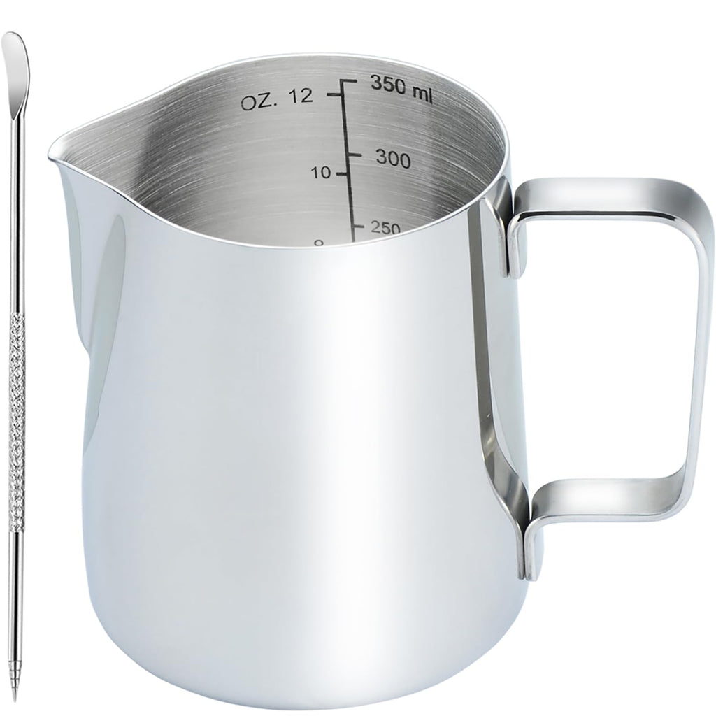 CAMKYDE Stainless Steel Milk Frothing Pitcher 12 oz, Espresso Steaming Pitcher with Decorating Pen for Espresso Machines, Cappuccino, Latte Art A Silver