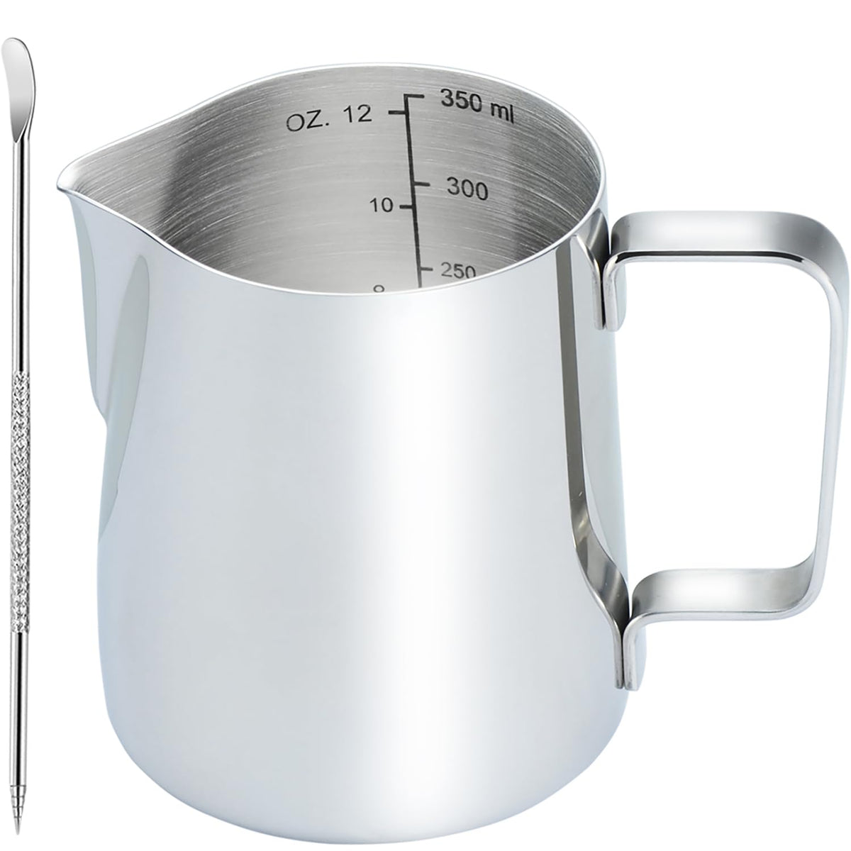 CAMKYDE Stainless Steel Milk Frothing Pitcher 12 oz, Espresso Steaming Pitcher with Decorating Pen for Espresso Machines, Cappuccino, Latte Art A Silver