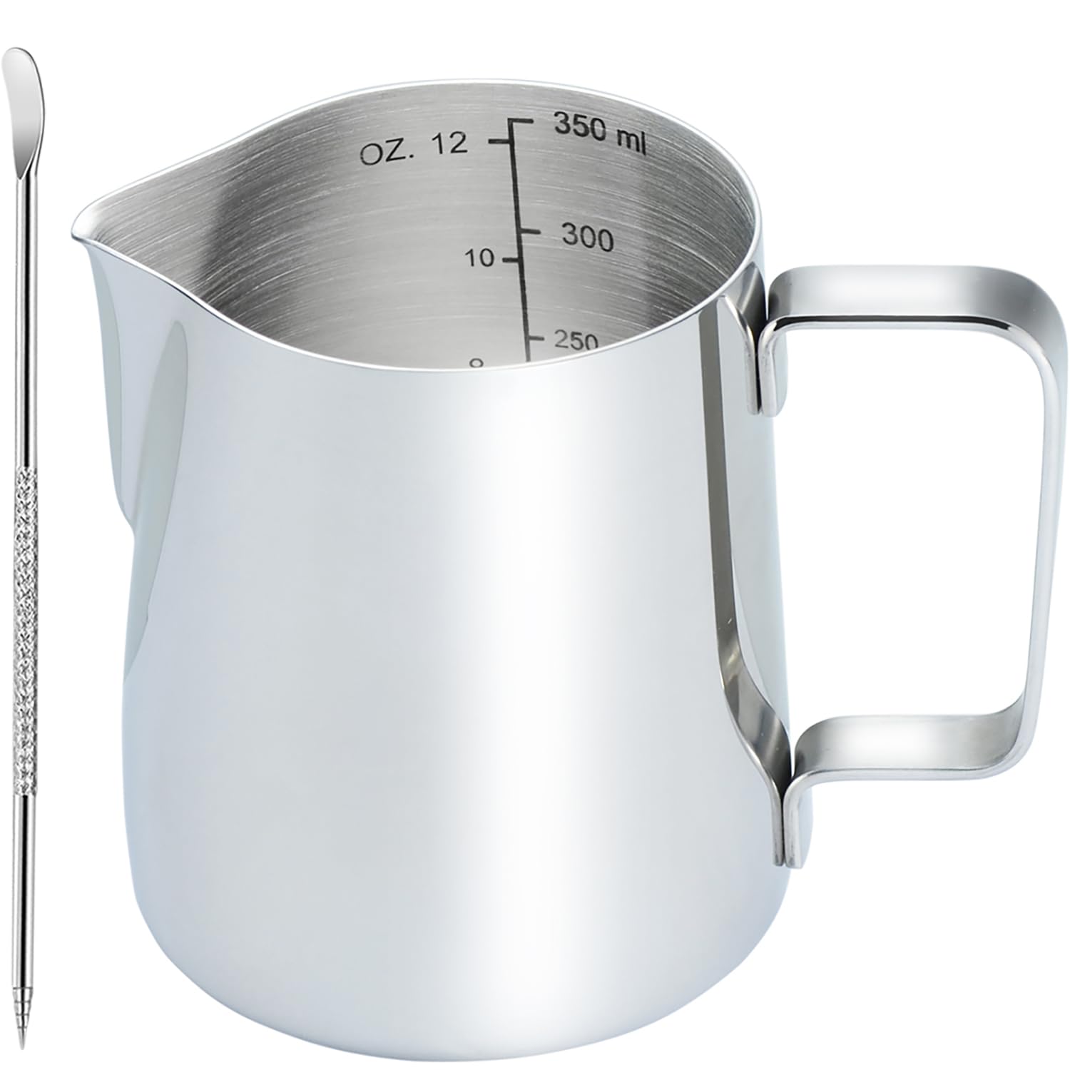 CAMKYDE Stainless Steel Milk Frothing Pitcher 12 oz, Espresso Steaming Pitcher with Decorating Pen for Espresso Machines, Cappuccino, Latte Art A Silver