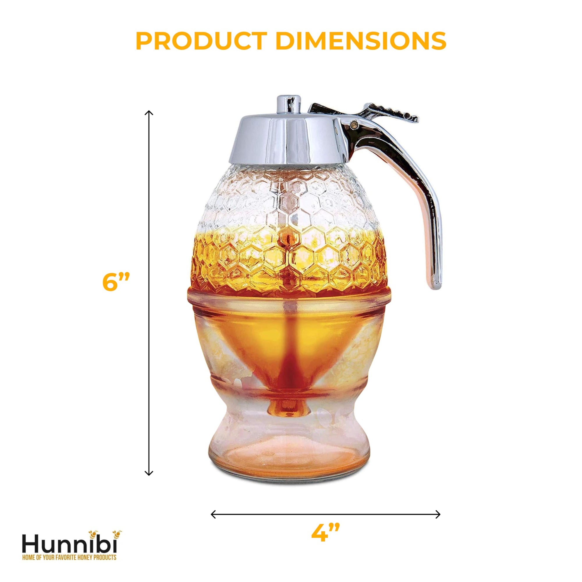Hunnibi 8oz No Drip Glass Honey Dispenser with Stand - Honeycomb-Style Syrup Server and Bee-Themed Storage Jar - 6" Clear Container for Honey, Maple Syrup
