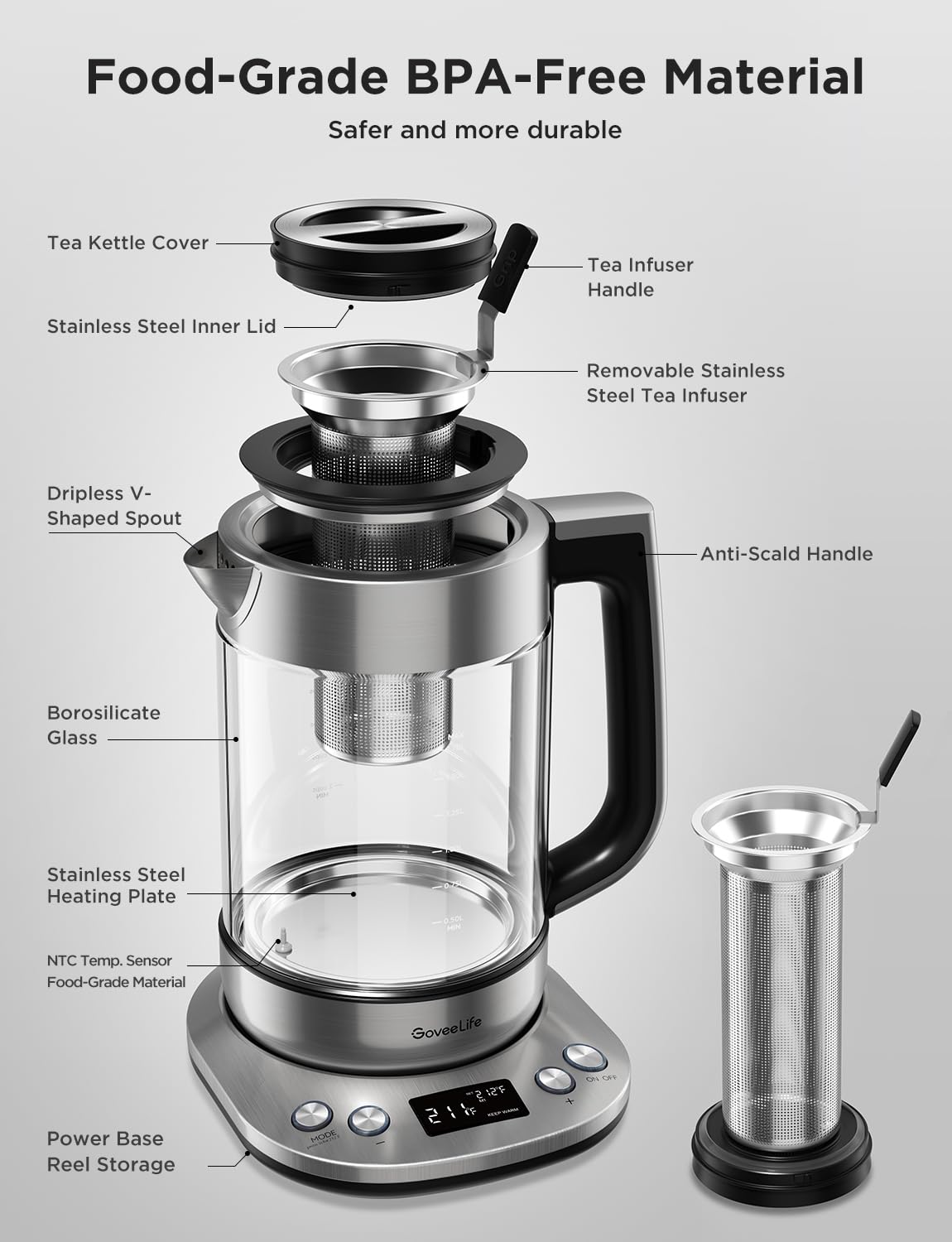 GoveeLife Smart Electric Kettle with Tea Infuser for Loose Leaf, 1.7 L Electric Tea Kettle with Brewing Program, Variable Temperature Control, 2 H Keep Warm & Auto Shut off, BPA Free, Sliver