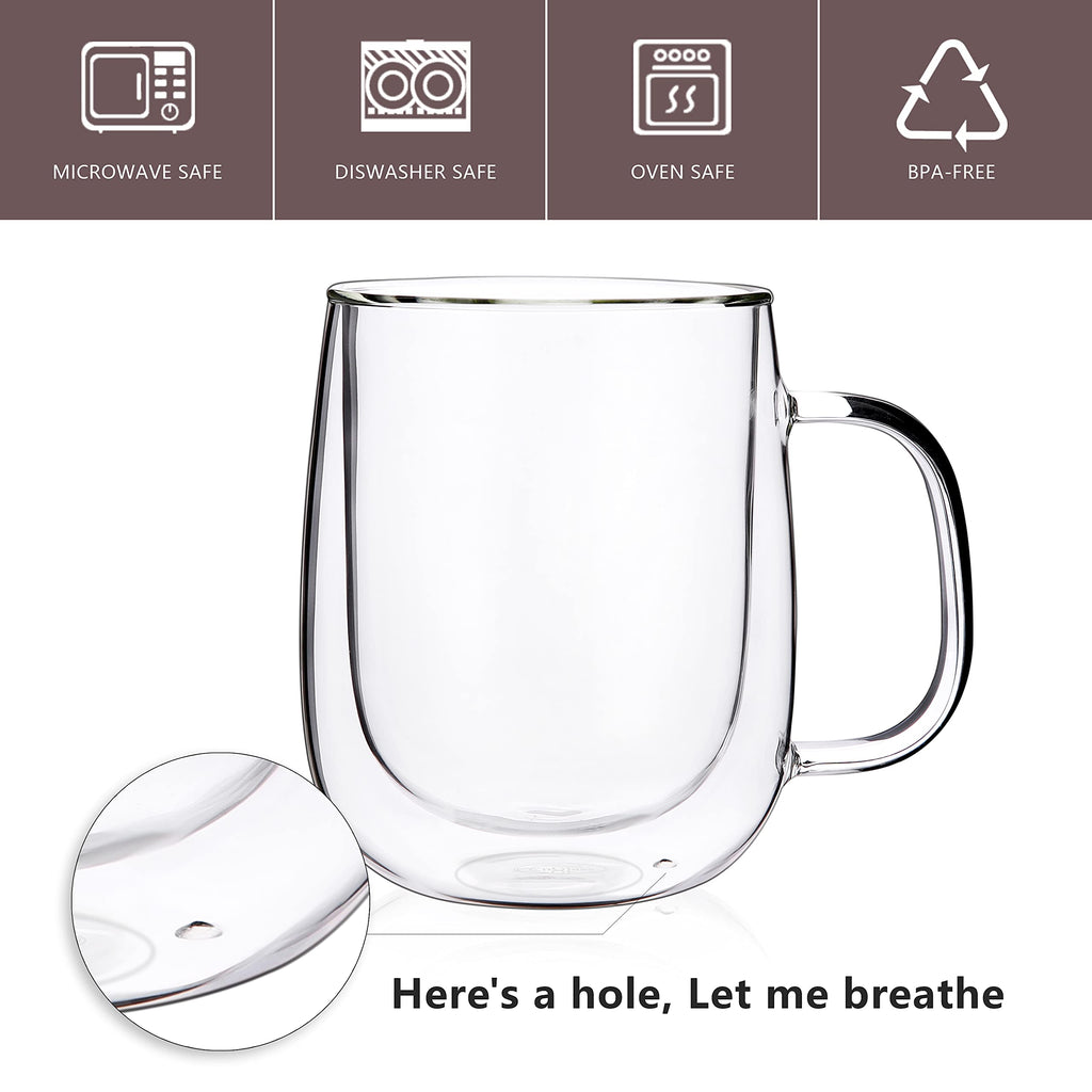 CNGLASS Glass Coffee Mugs 12oz,Double Wall Insulated Mug Set with Handle,Clear Glass Espresso Mugs for Latte,Cappuccino,Tea Bag,Hot and Cold Beverages,Set of 4