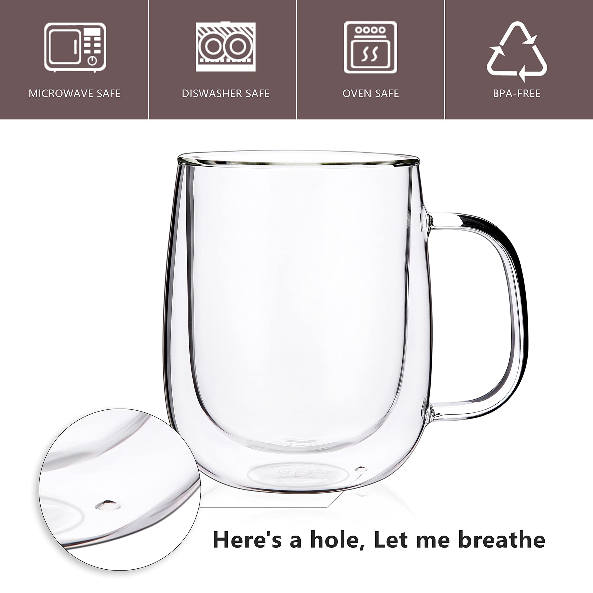 CNGLASS Glass Coffee Mugs 12oz,Double Wall Insulated Mug Set with Handle,Clear Glass Espresso Mugs for Latte,Cappuccino,Tea Bag,Hot and Cold Beverages,Set of 4