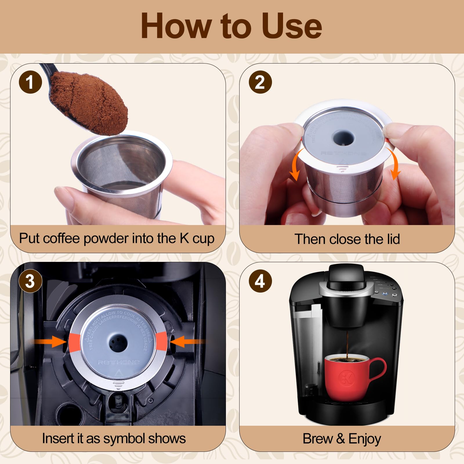 RETHONE Reusable K Cups for Keurig:Refillable K Cups Coffee Pods for Keurig 1.0 & 2.0 Coffee Machine,Stainless Steel Coffee Filters-SUS 304‌, Easy to Clean,Lid-Body Tight Seal