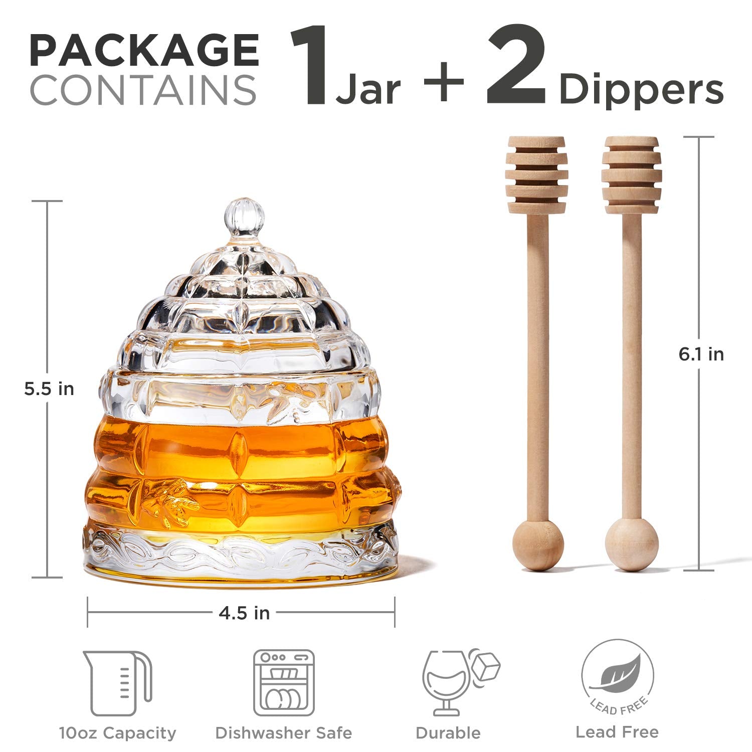 PAULSWAY Honey Dispenser Jar with 2 Dippers – 9 OZ Elegant Glass Storage with Superior Drizzle Control & Durable Lid