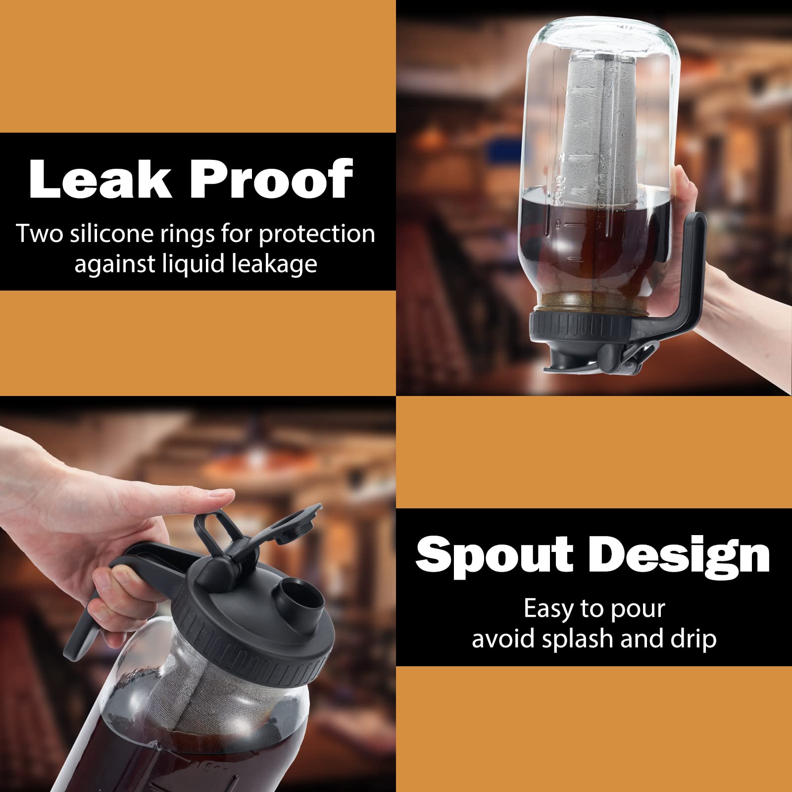 Cold Brew Mason Coffee Maker - 64oz Iced Coffee Pitcher with Stainless Steel Mixing Spoon & Super Dense Filter 3 Steps Finish Cold Brew Coffee, Classic BPA Free Sturdy Mason jar Pitcher Easy to Clean