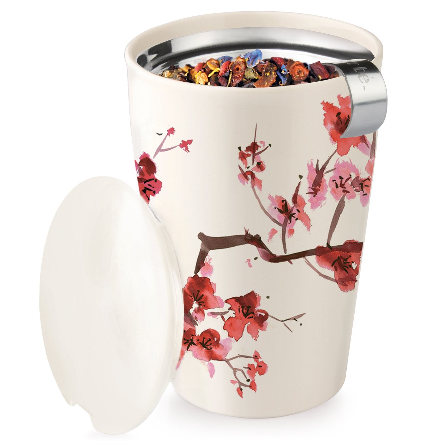 Tea Forté KATI Single Cup Loose Leaf Tea Brewing System, Insulated Ceramic Cup with Improved Tea Infuser and Lid, Cherry Blossoms