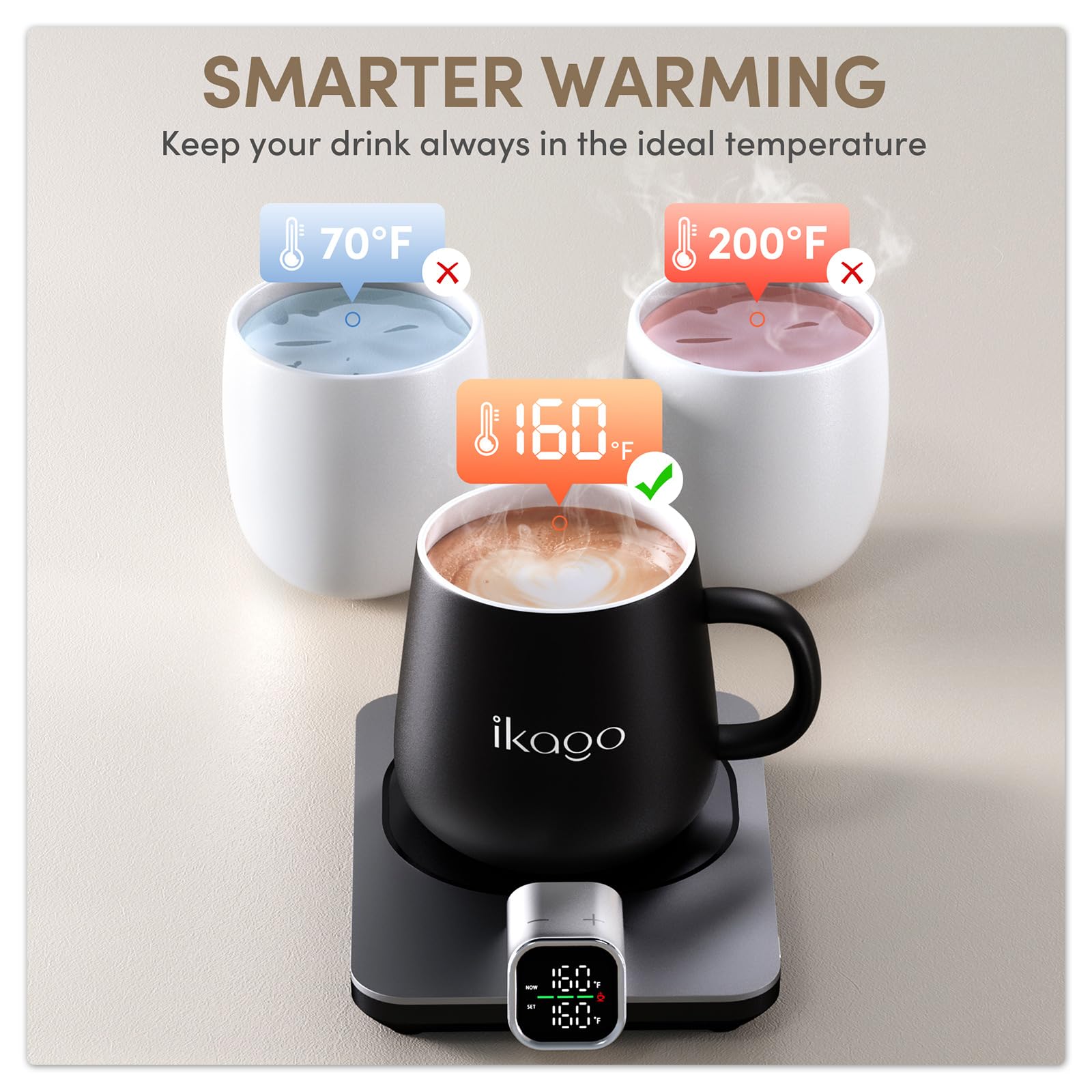 iKago Coffee Mug Warmer Set, Temperature Control Smart Heated Mug for Desk, Electric Coffee Warmer with Auto Shut Off & Real-Time Temp Display, Gifts for Men Women, 15oz, Black