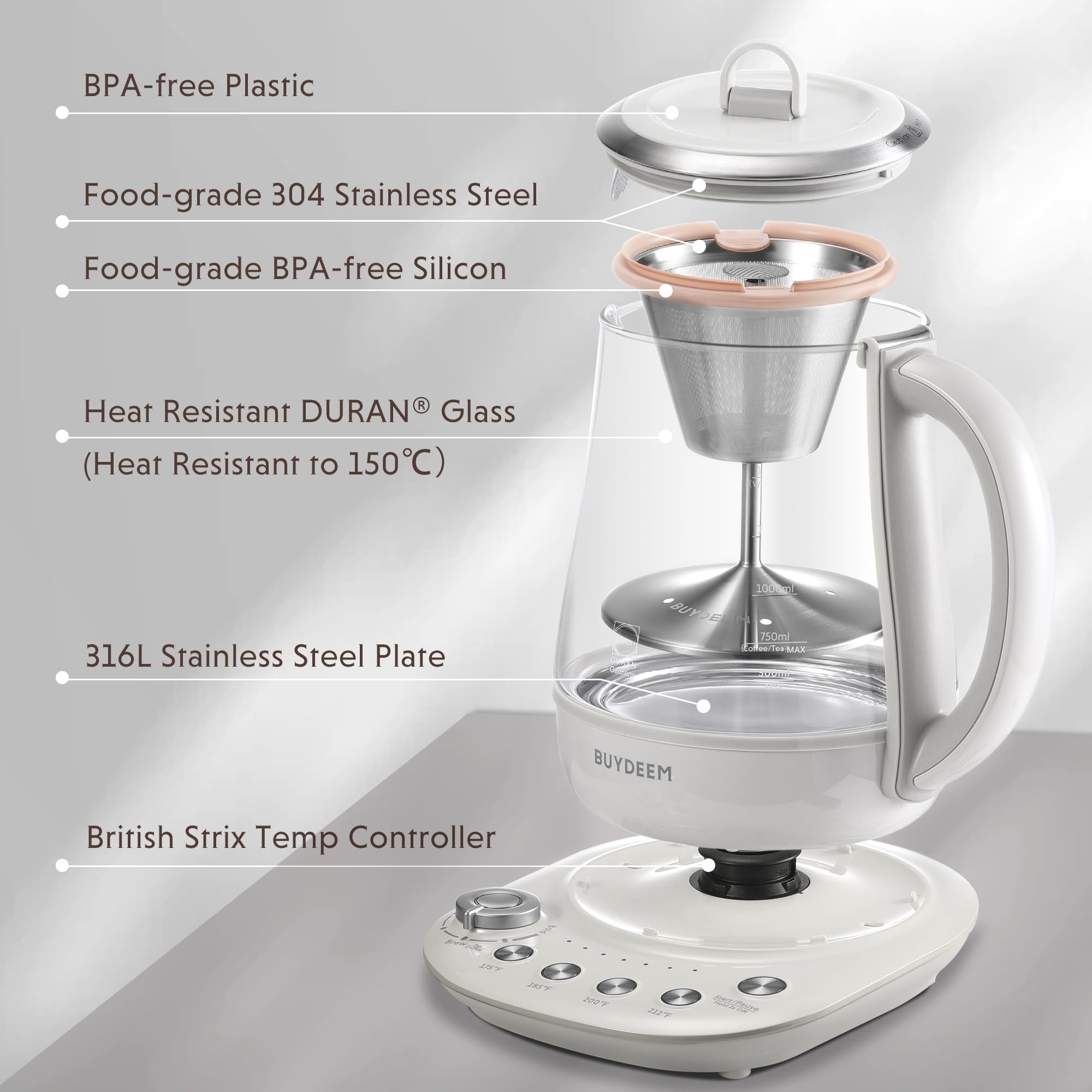 BUYDEEM K1563 Tea Maker, Electric Kettle for Coffee and Tea Brewer with 6 Flavor Controls, 4 Temperature Settings, 8 Hours Keep Warm, 1.5L