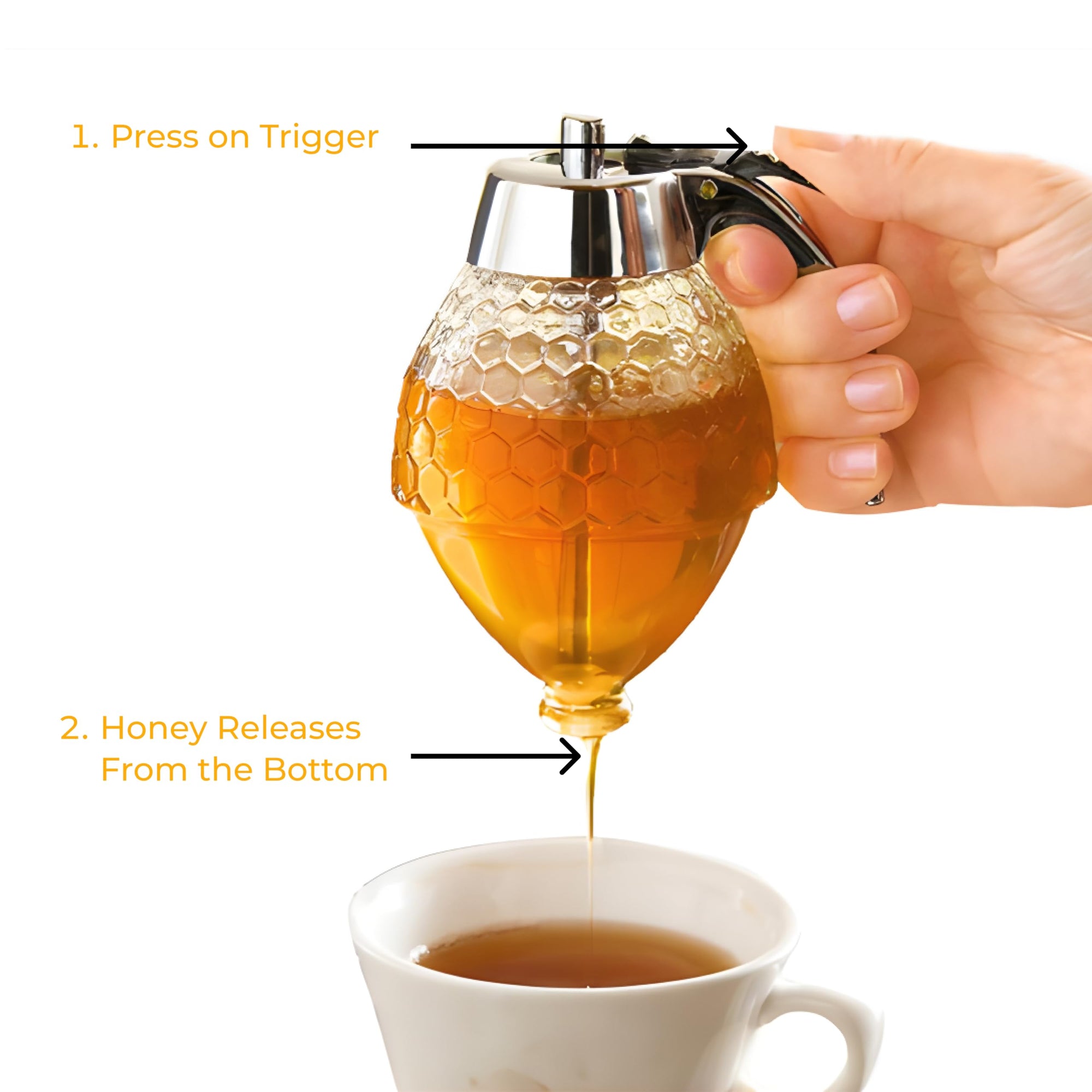 Hunnibi 8oz No Drip Glass Honey Dispenser with Stand - Honeycomb-Style Syrup Server and Bee-Themed Storage Jar - 6" Clear Container for Honey, Maple Syrup
