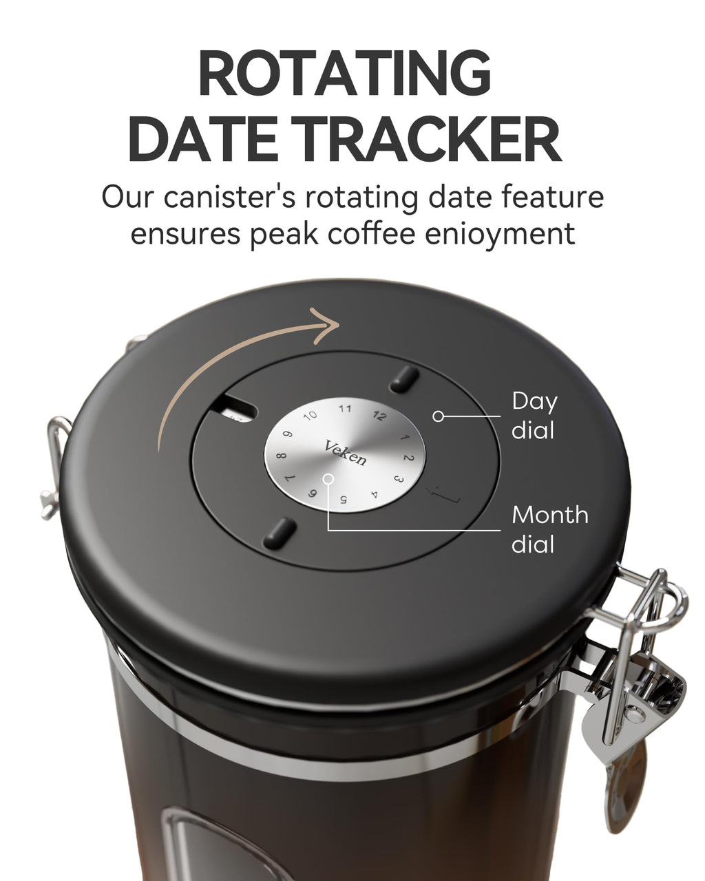 Veken Coffee Canister with Window,Airtight Stainless Steel Kitchen Food Storage Container, Date Tracker & Scoop for Grounds Coffee, Beans, Tea,Flour,Cereal,Sugar,22OZ,Copper