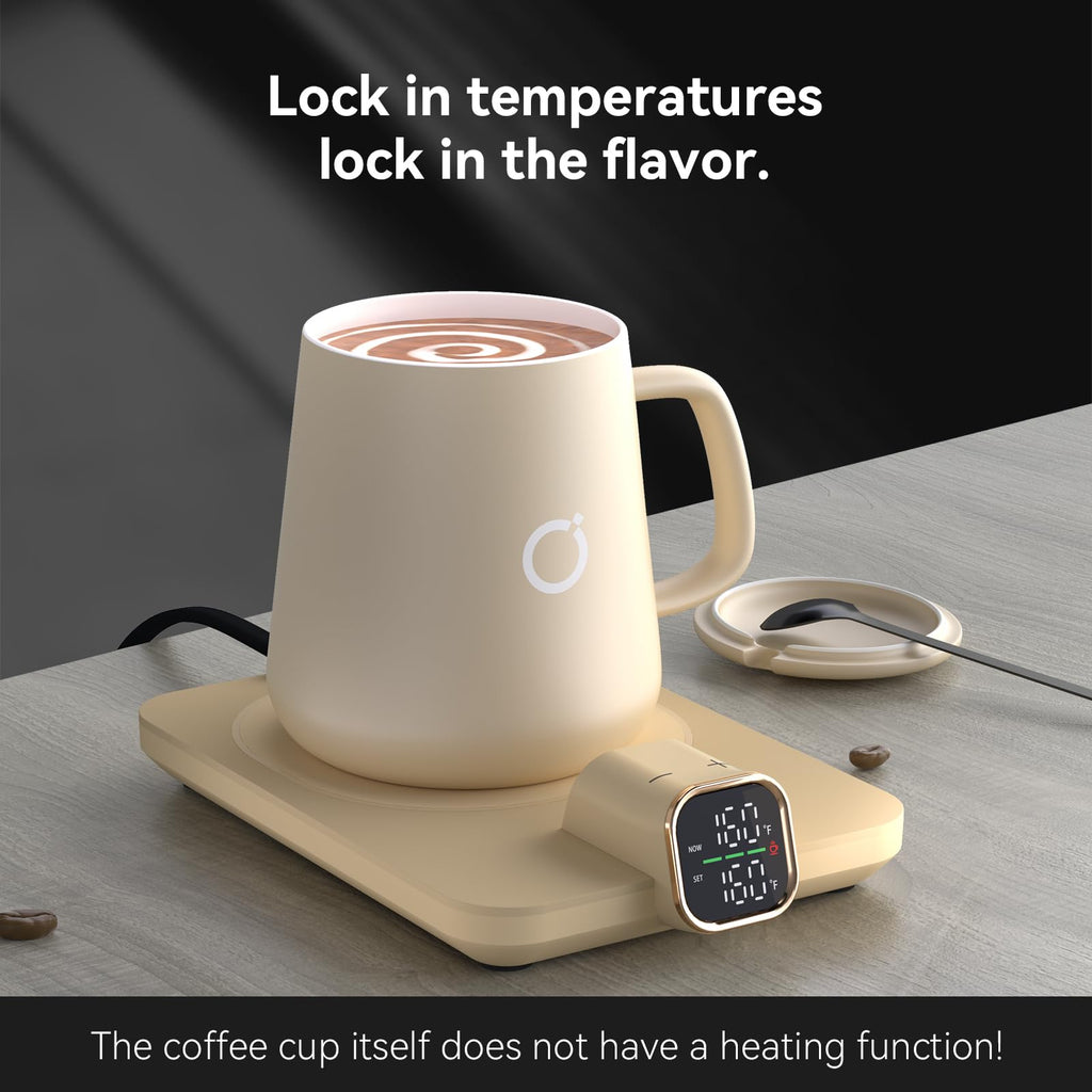 iKago Coffee Mug Warmer Set, Temperature Control Smart Heated Mug for Desk, Electric Coffee Warmer with Auto Shut Off & Real-Time Temp Display, Gifts for Men Women, 15oz, Beige