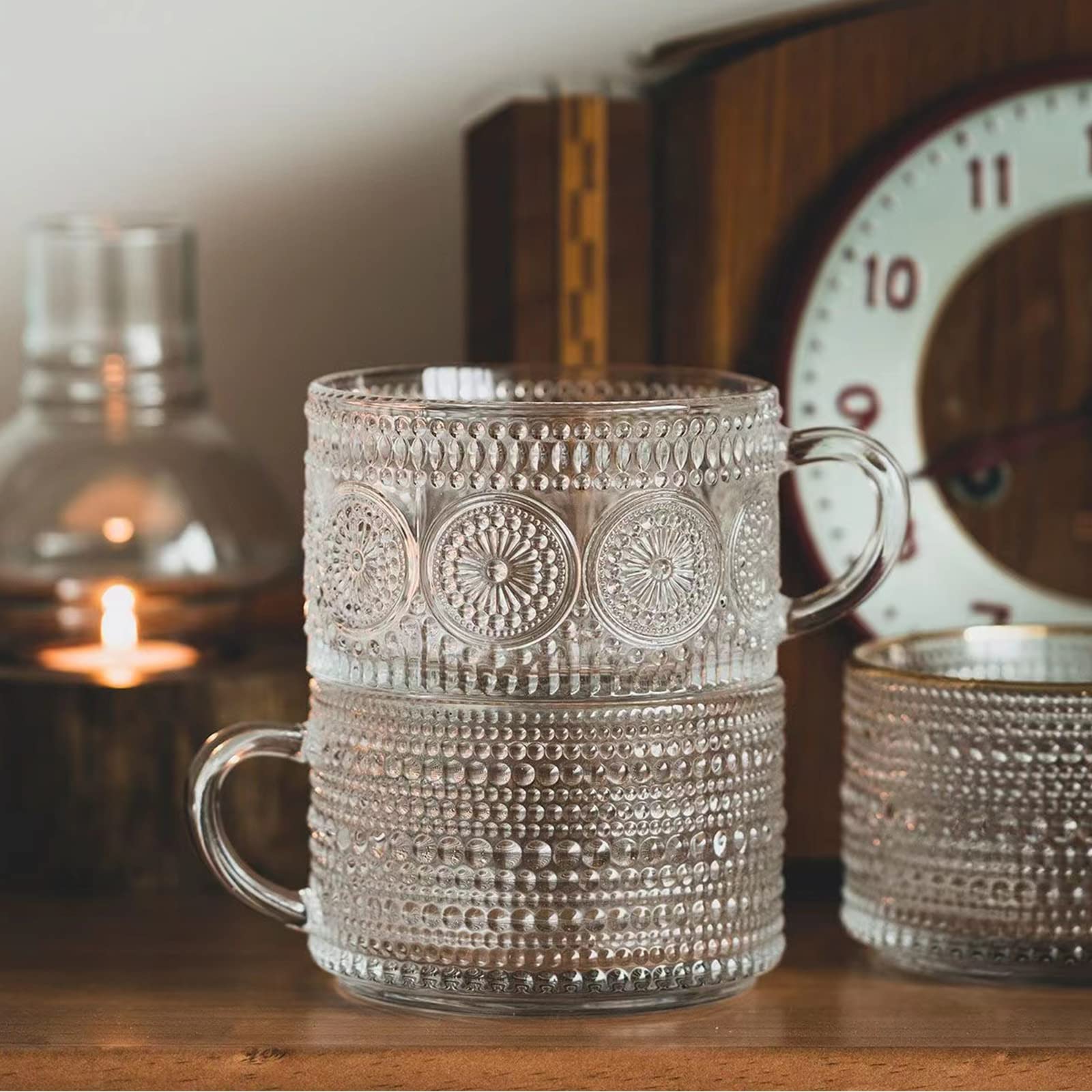 Mfacoy Vintage Coffee Mugs Set of 2, 14 oz Embossed Glass Cups with Handle, Clear Cups for Cappuccino, Latte, Cereal, Yogurt, Milk, Hot or Cold Beverages