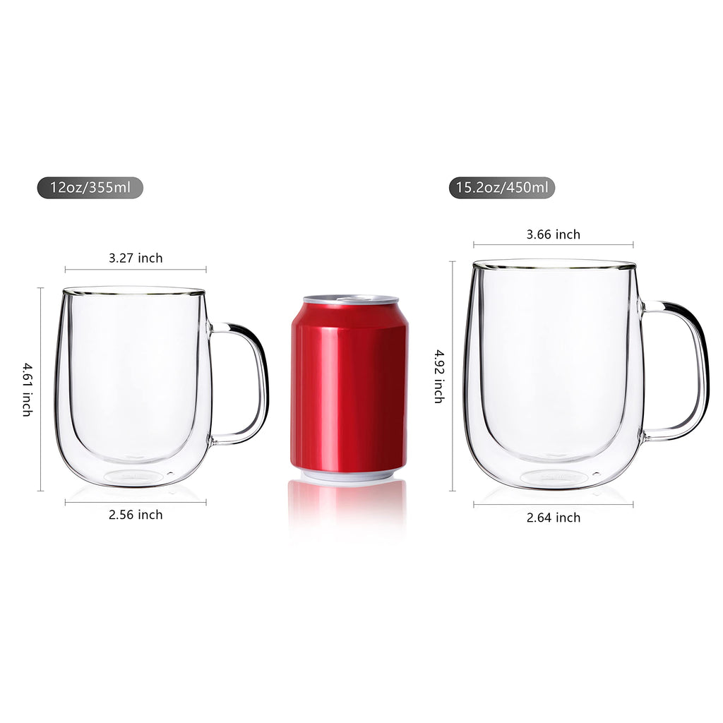 CNGLASS Glass Coffee Mugs 12oz,Double Wall Insulated Mug Set with Handle,Clear Glass Espresso Mugs for Latte,Cappuccino,Tea Bag,Hot and Cold Beverages,Set of 4