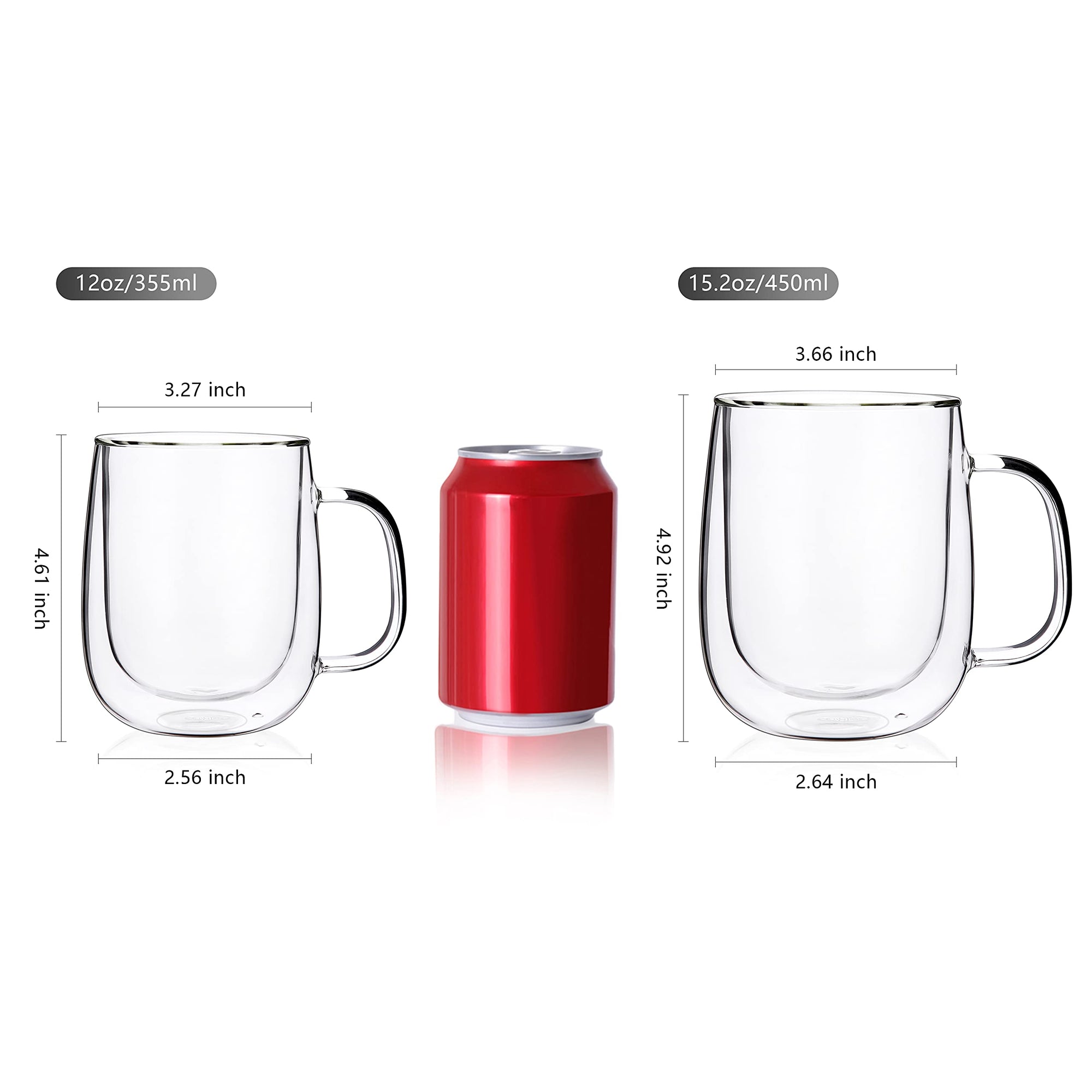 CNGLASS Glass Coffee Mugs 12oz,Double Wall Insulated Mug Set with Handle,Clear Glass Espresso Mugs for Latte,Cappuccino,Tea Bag,Hot and Cold Beverages,Set of 4
